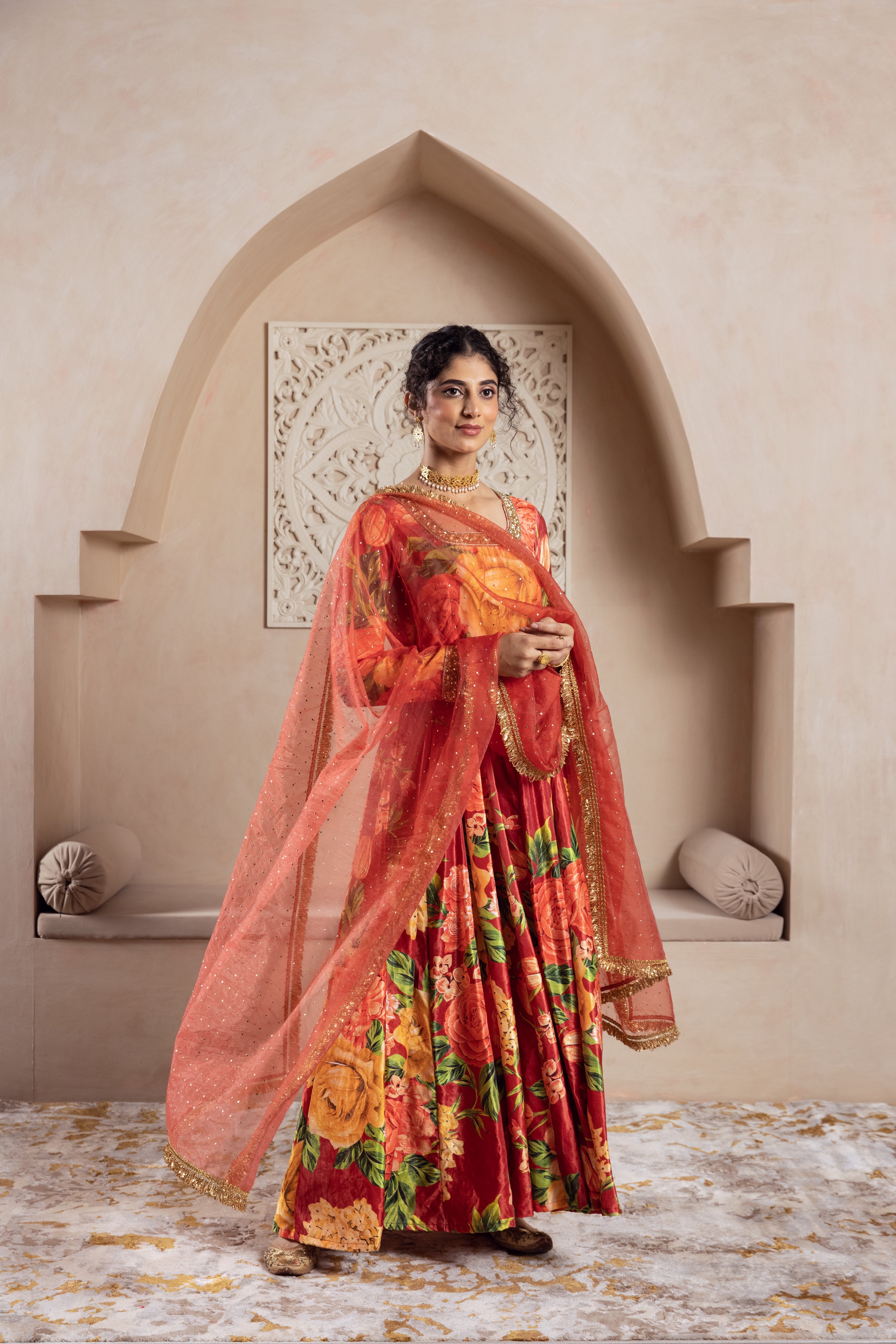 FIRGUN RED FLORAL VELVET ANARKALI SET