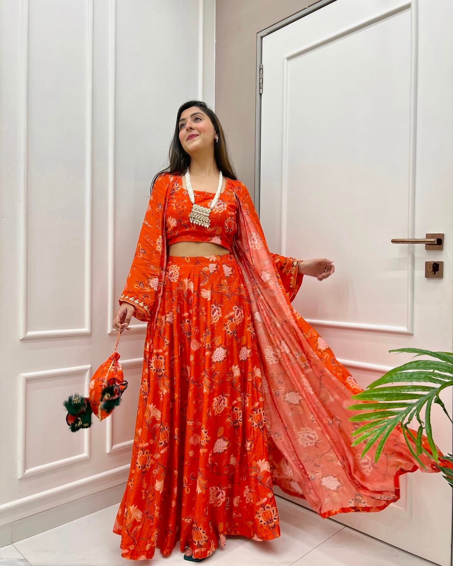 Orange Printed Jacket Set