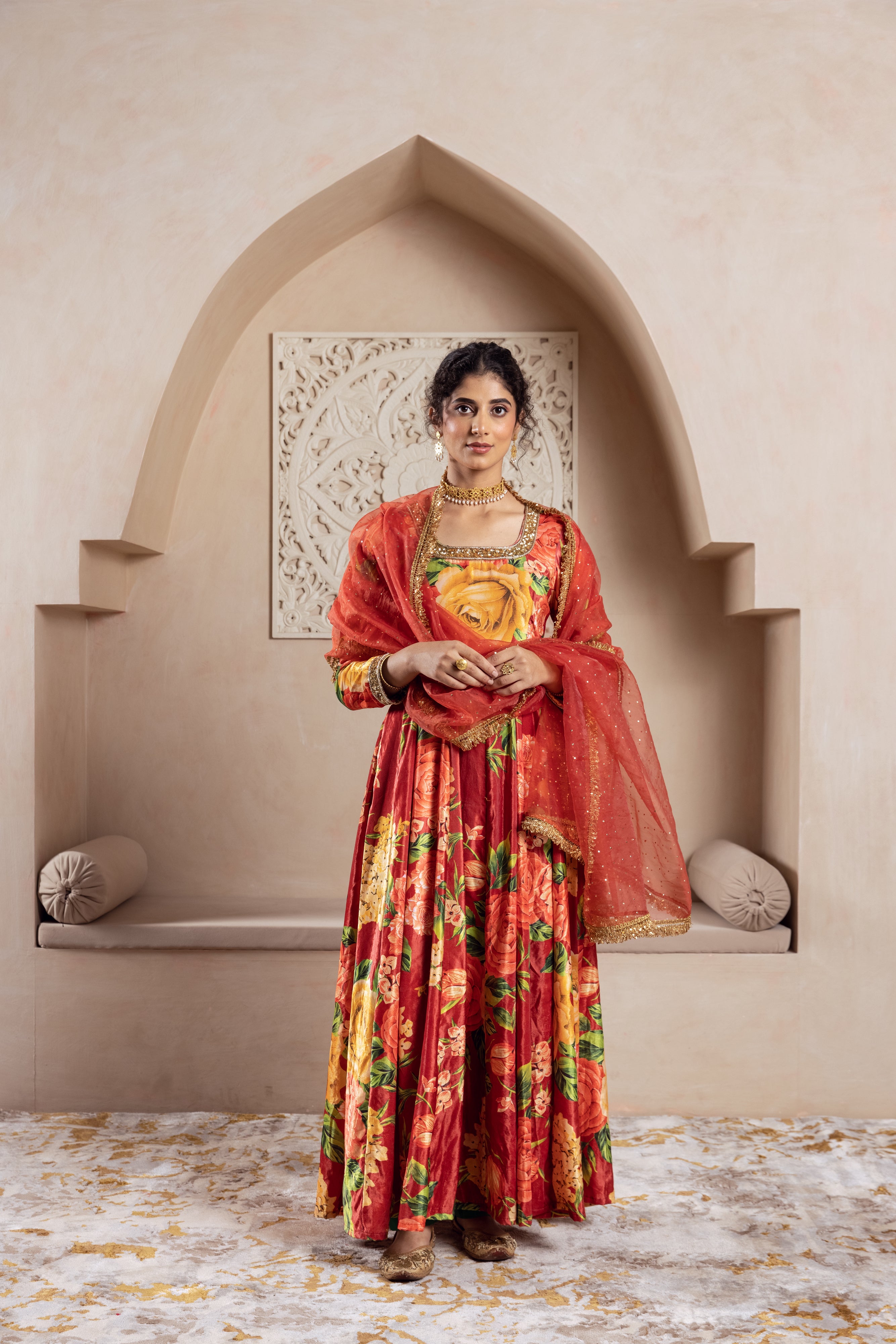 FIRGUN RED FLORAL VELVET ANARKALI SET
