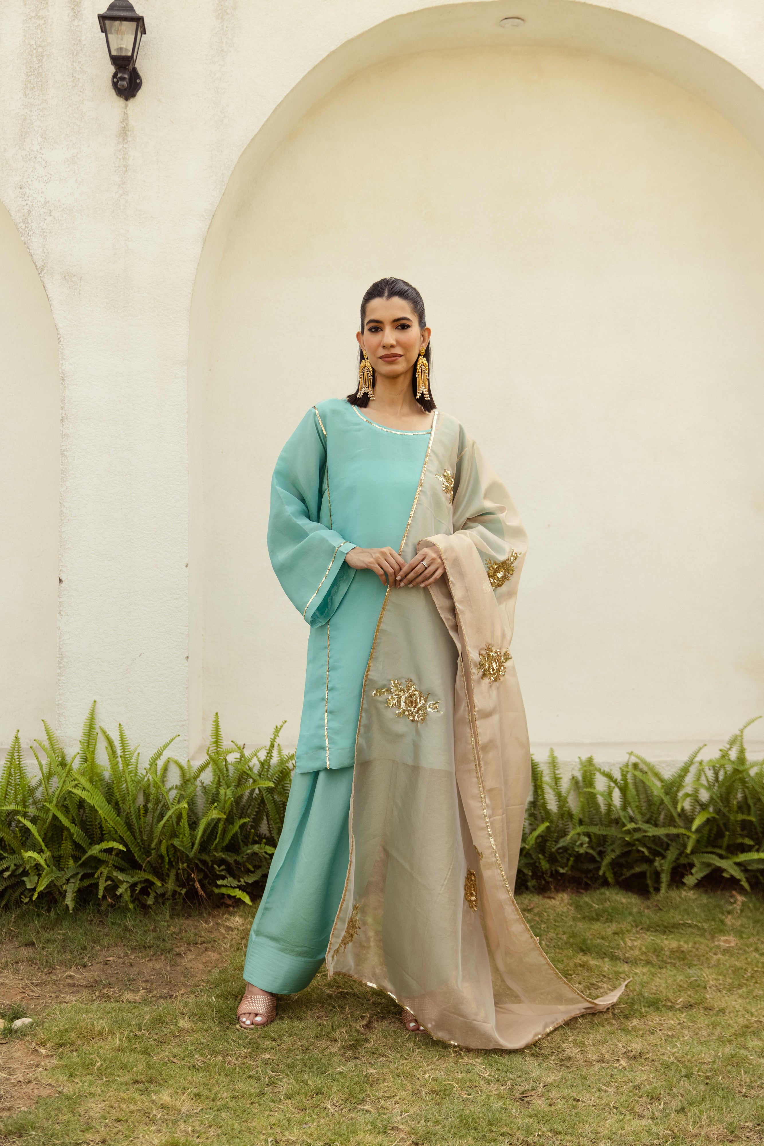 Noor Farshi Salwar turquoise  Set - Golden