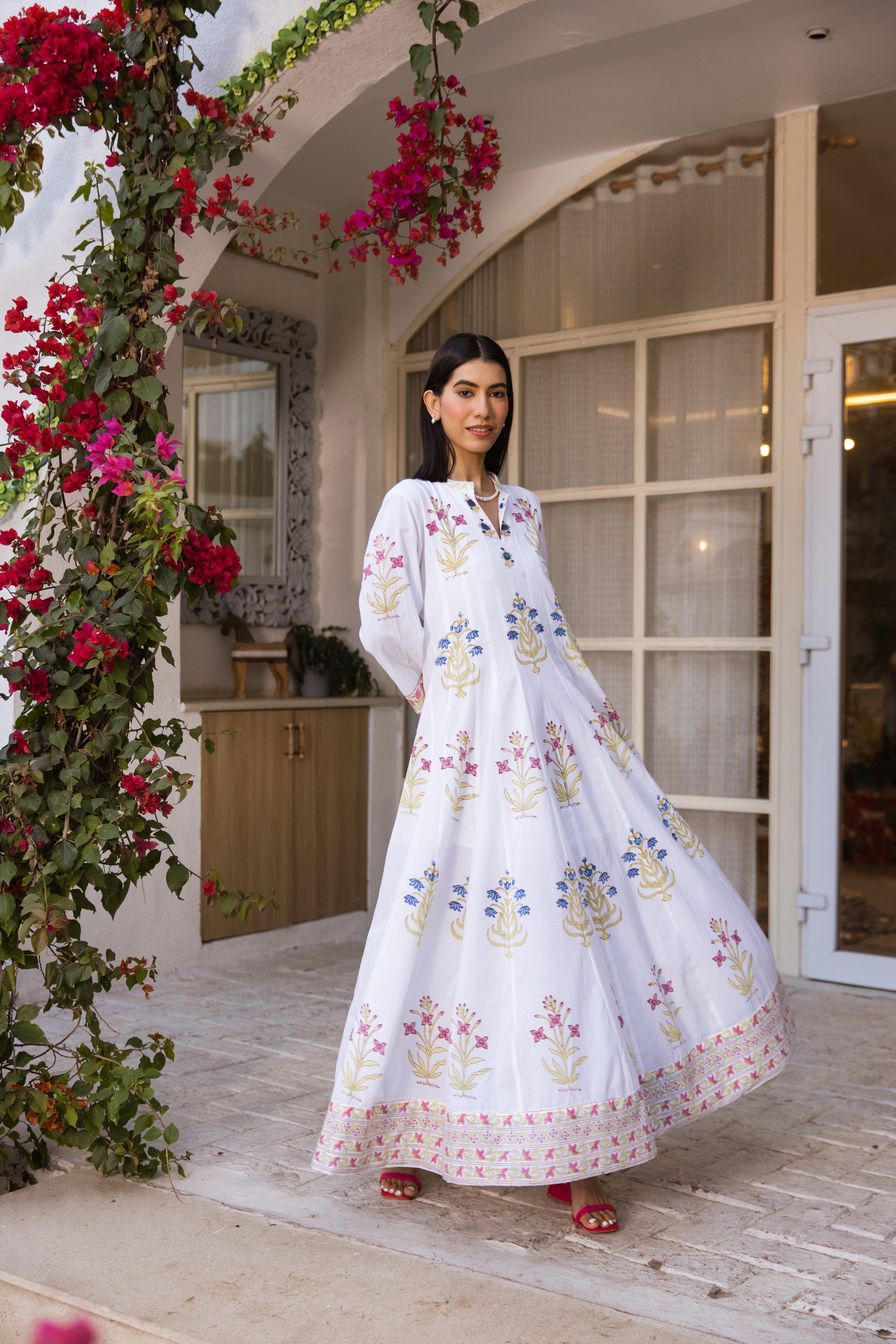 Picnic Multicoloured Handblock Kalidar Dress