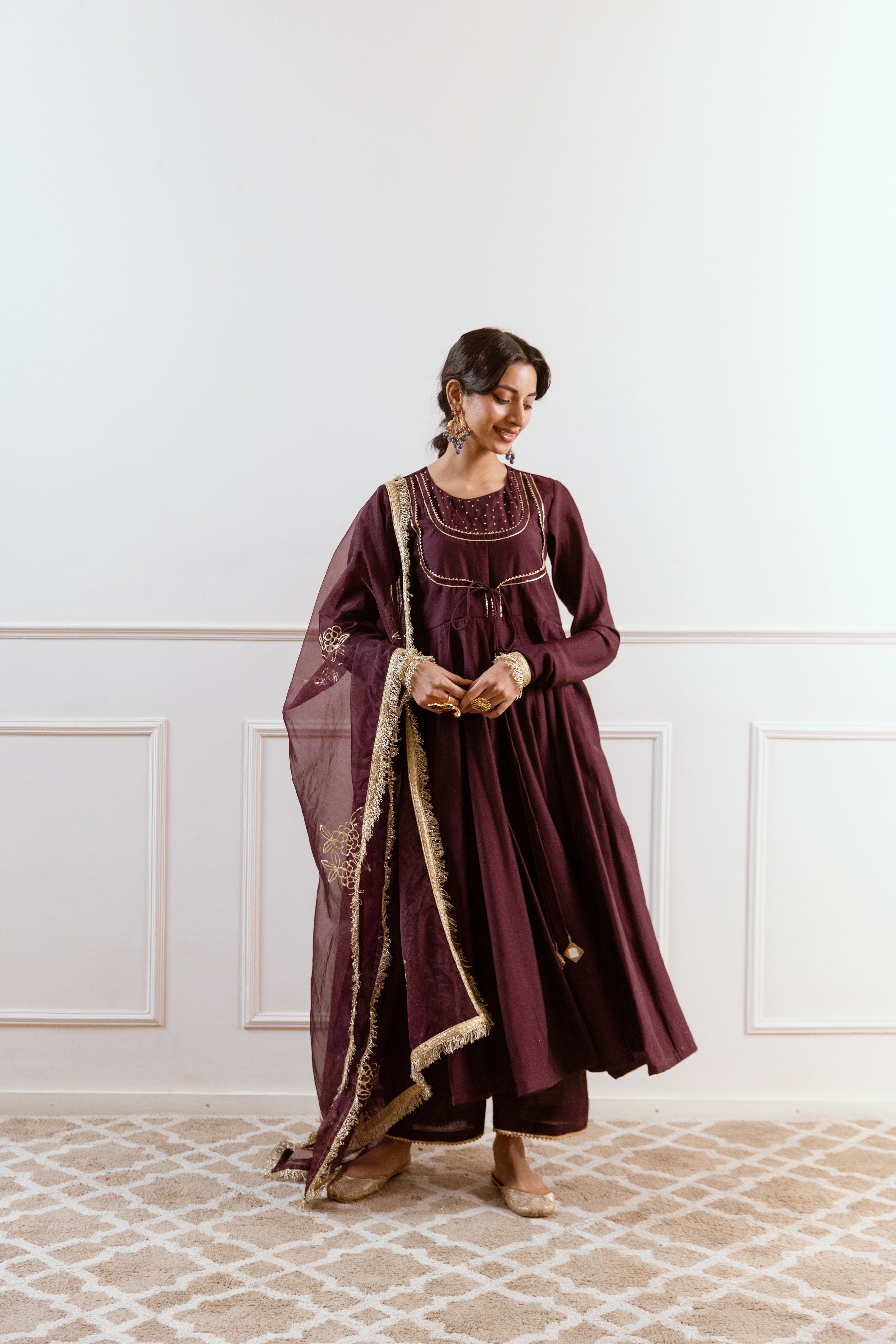 Salma Sitara Pitta work Anarkali set- Plum