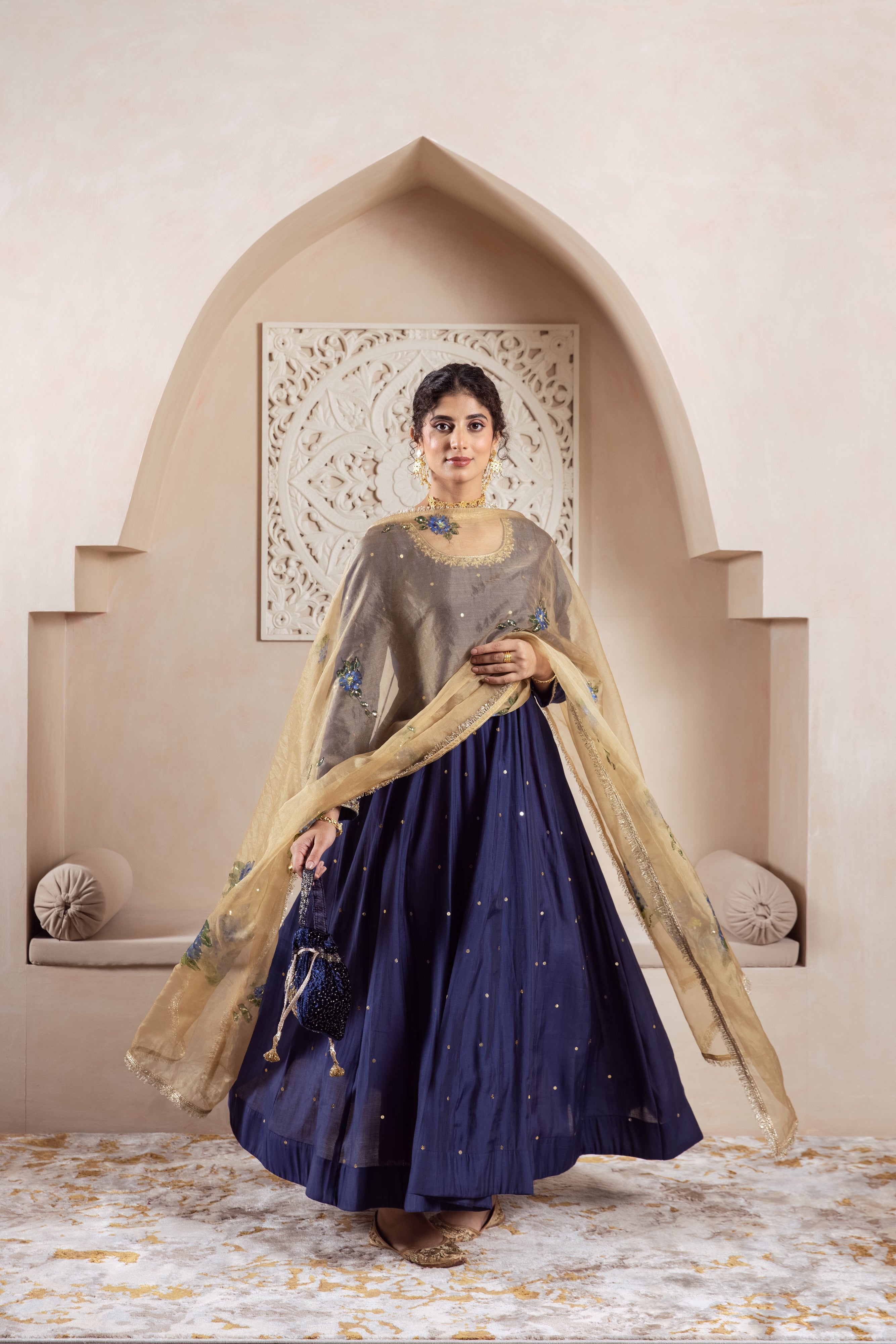GULNAZ Navy blue hand painted Anarkali set