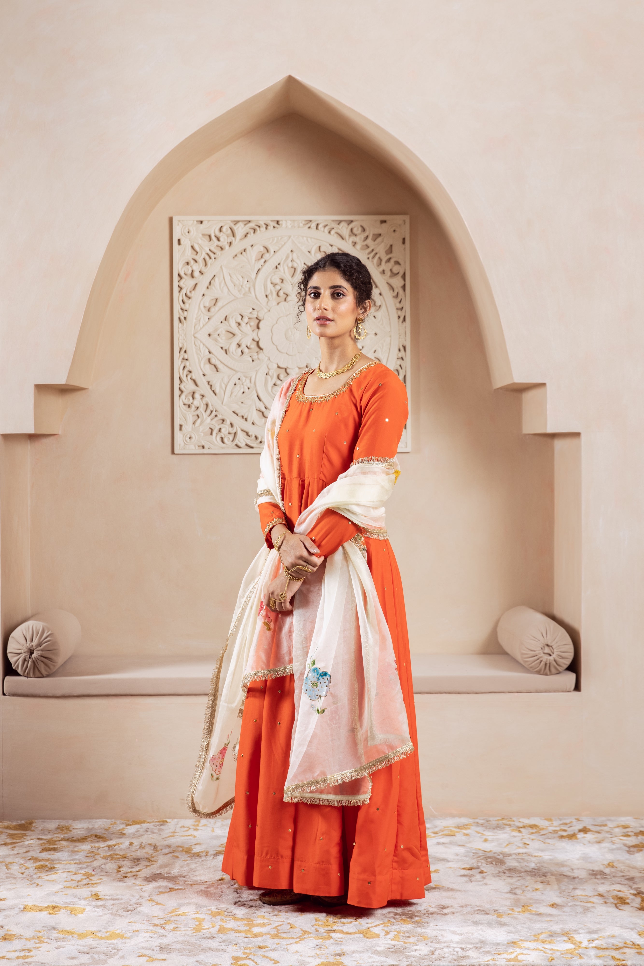 GULNAZ Orange hand painted Anarkali set