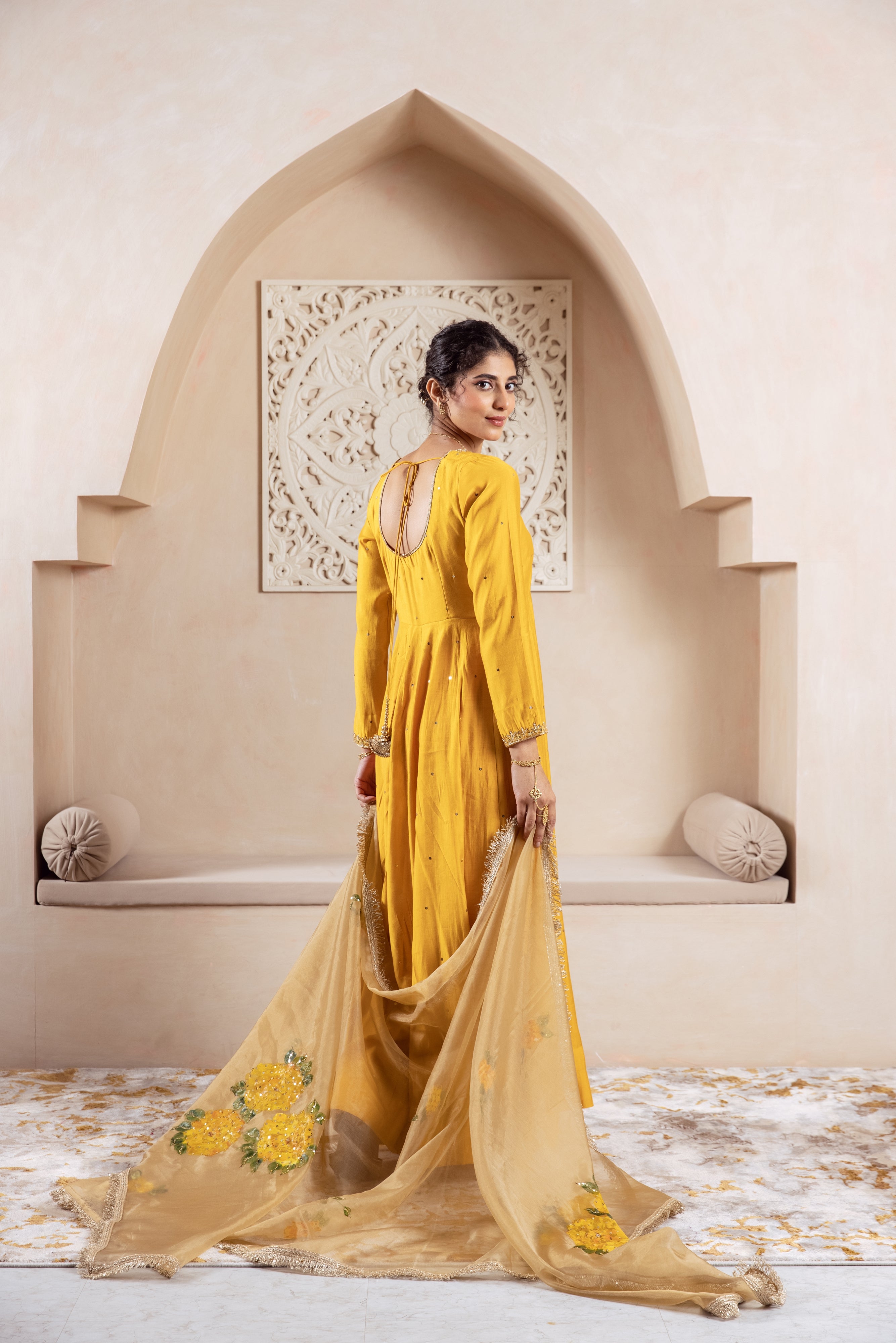 GULNAZ Mustard yellow hand painted Anarkali set