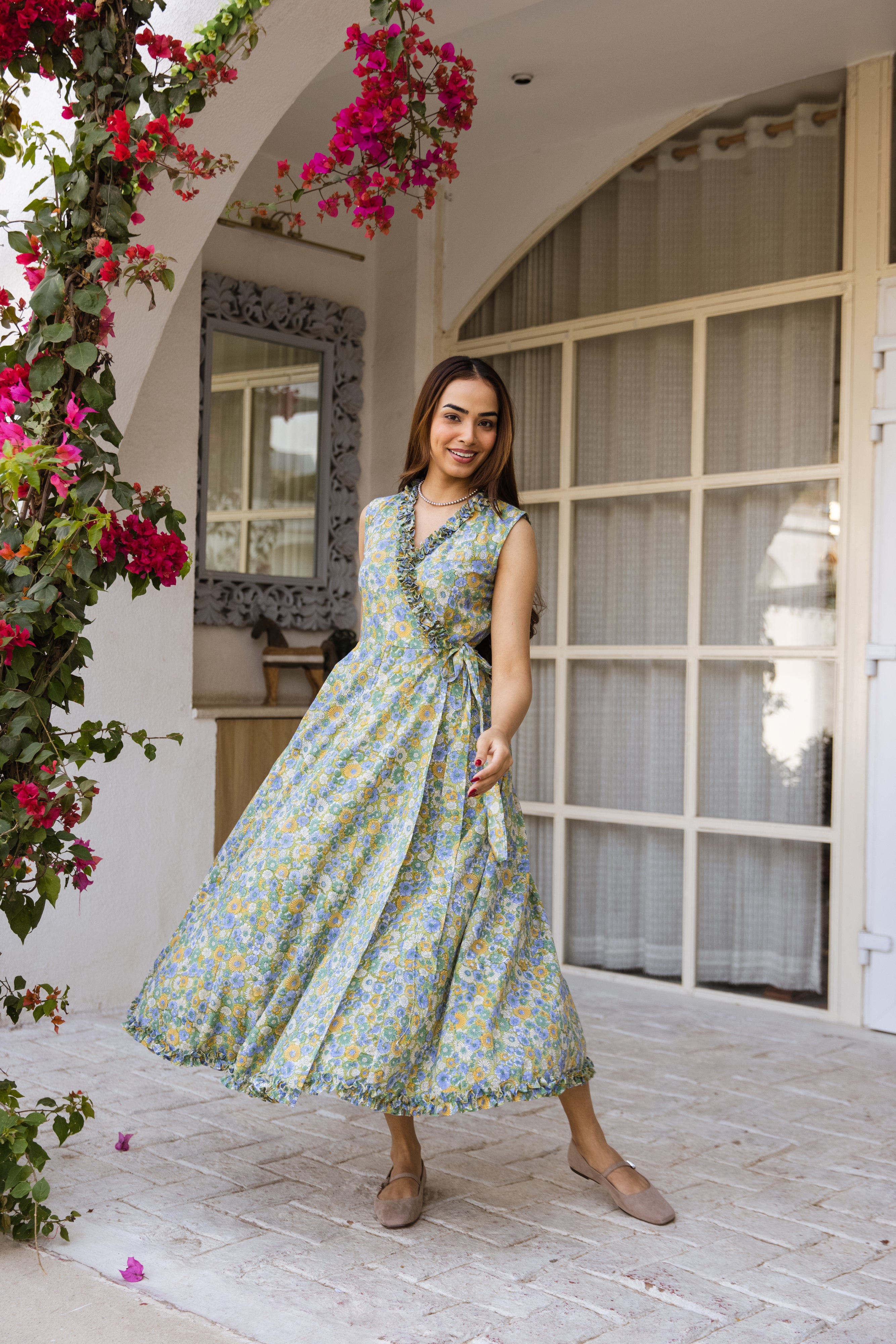 Picnic Green floral Wrap around Dress