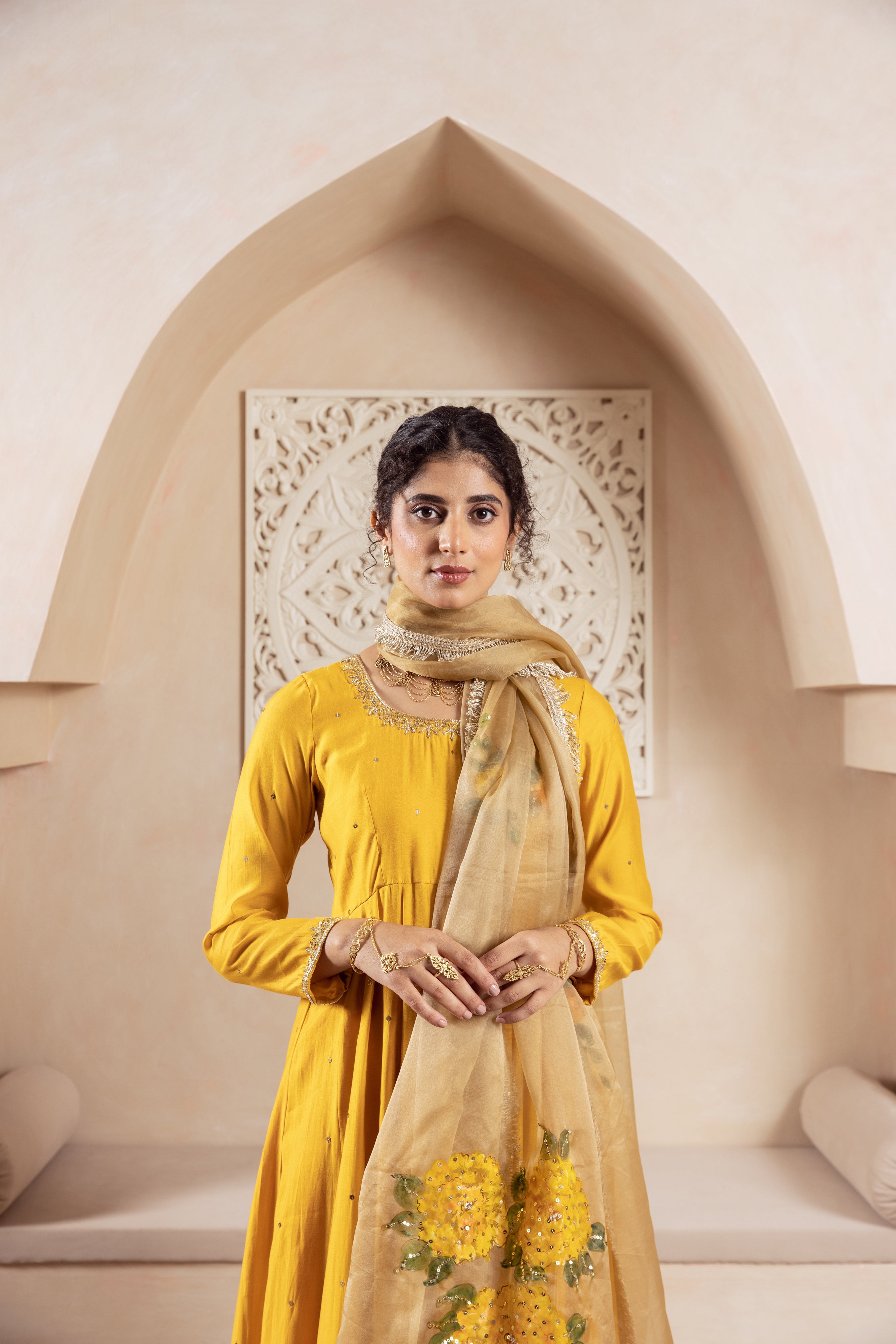 GULNAZ Mustard yellow hand painted Anarkali set
