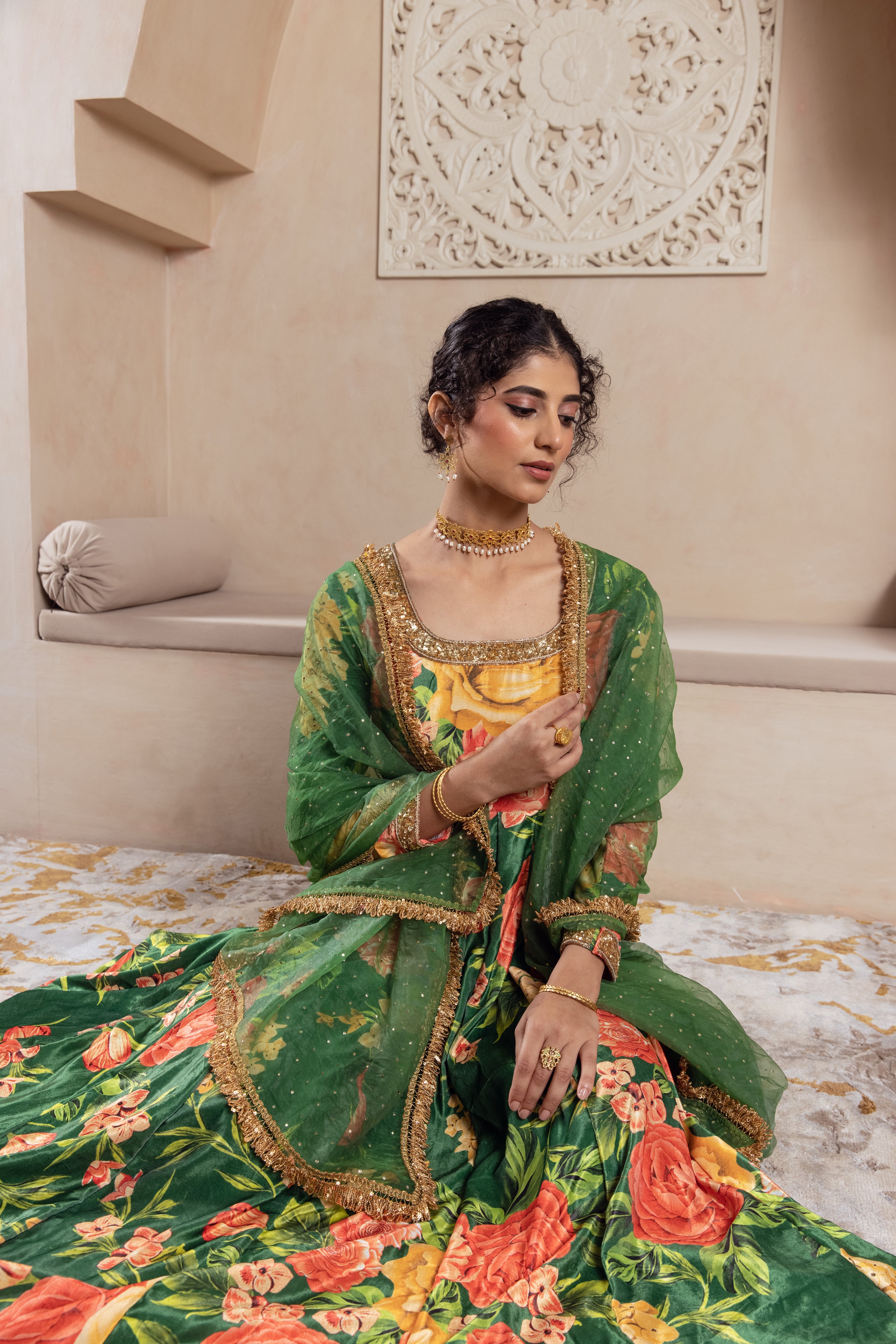 FIRGUN GREEN FLORAL VELVET ANARKALI SET