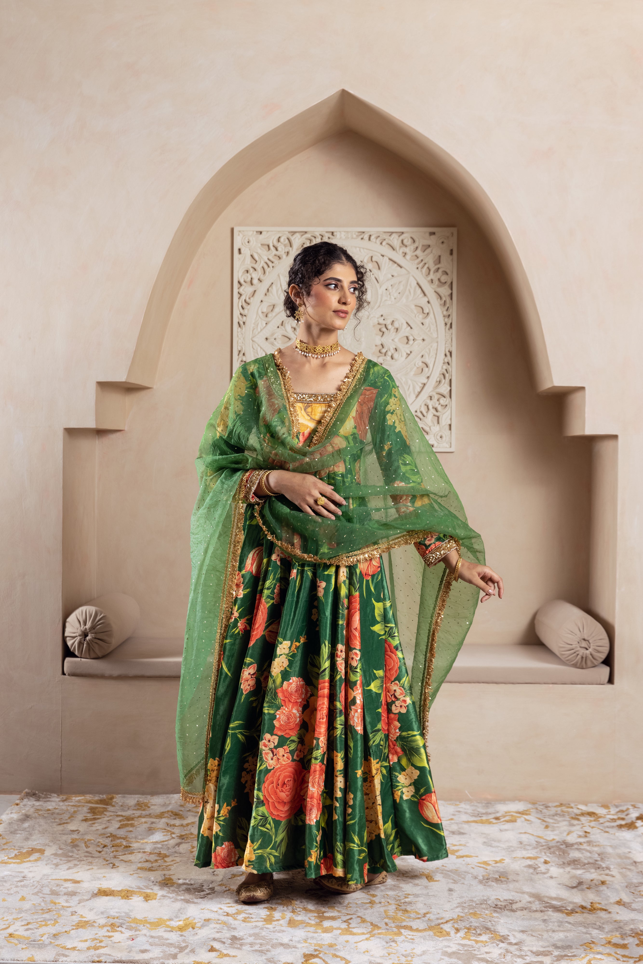 FIRGUN GREEN FLORAL VELVET ANARKALI SET