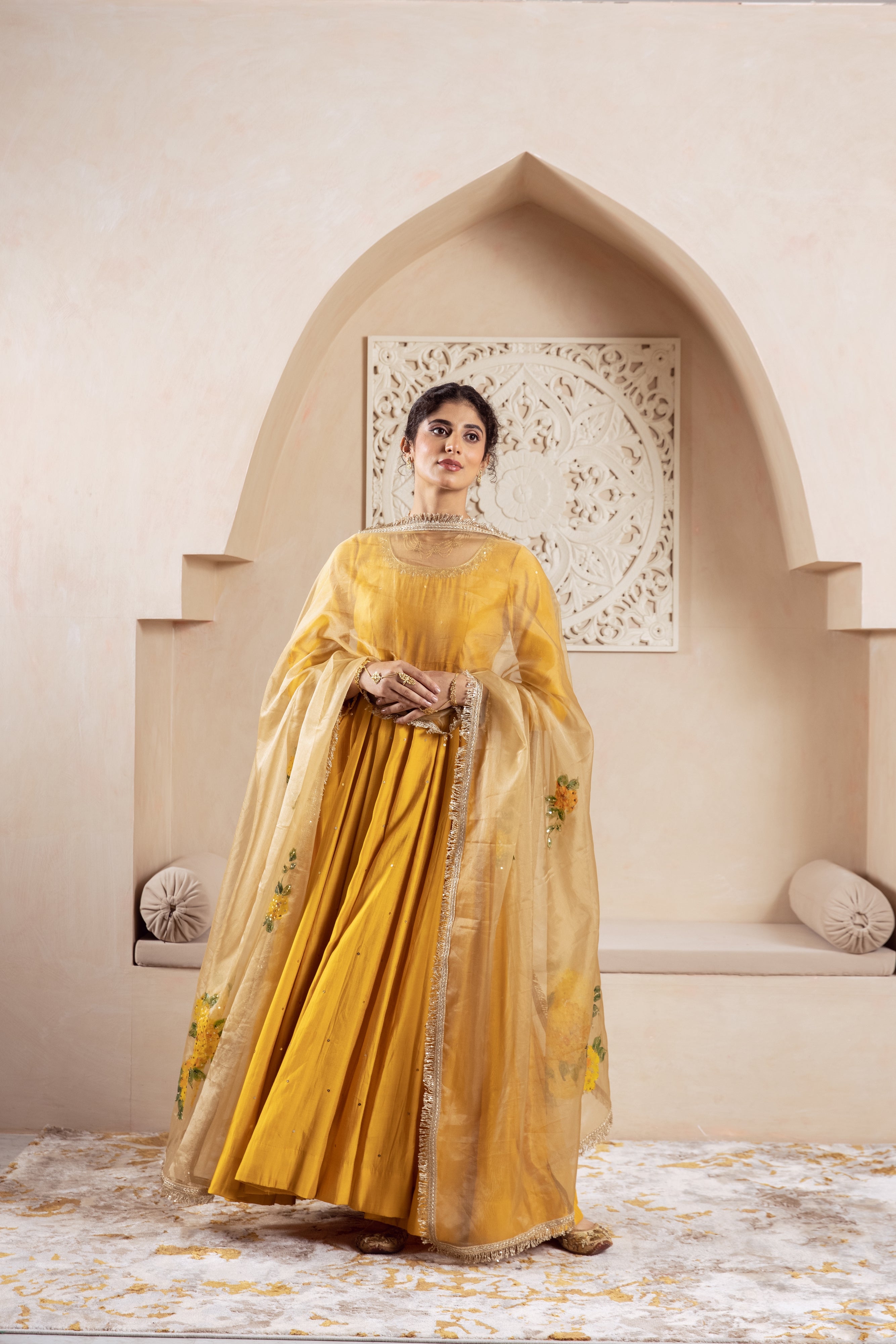 GULNAZ Mustard yellow hand painted Anarkali set