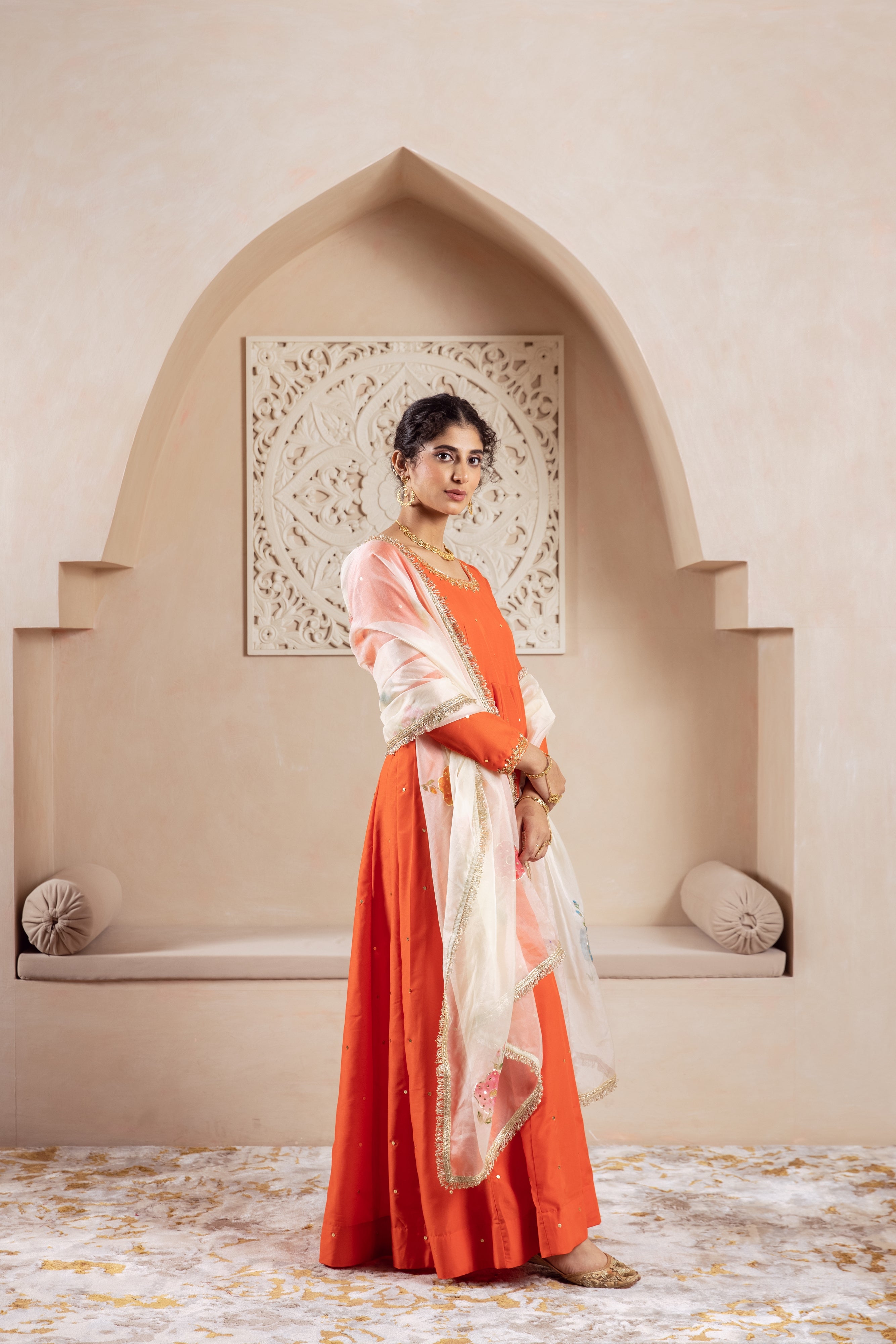 GULNAZ Orange hand painted Anarkali set