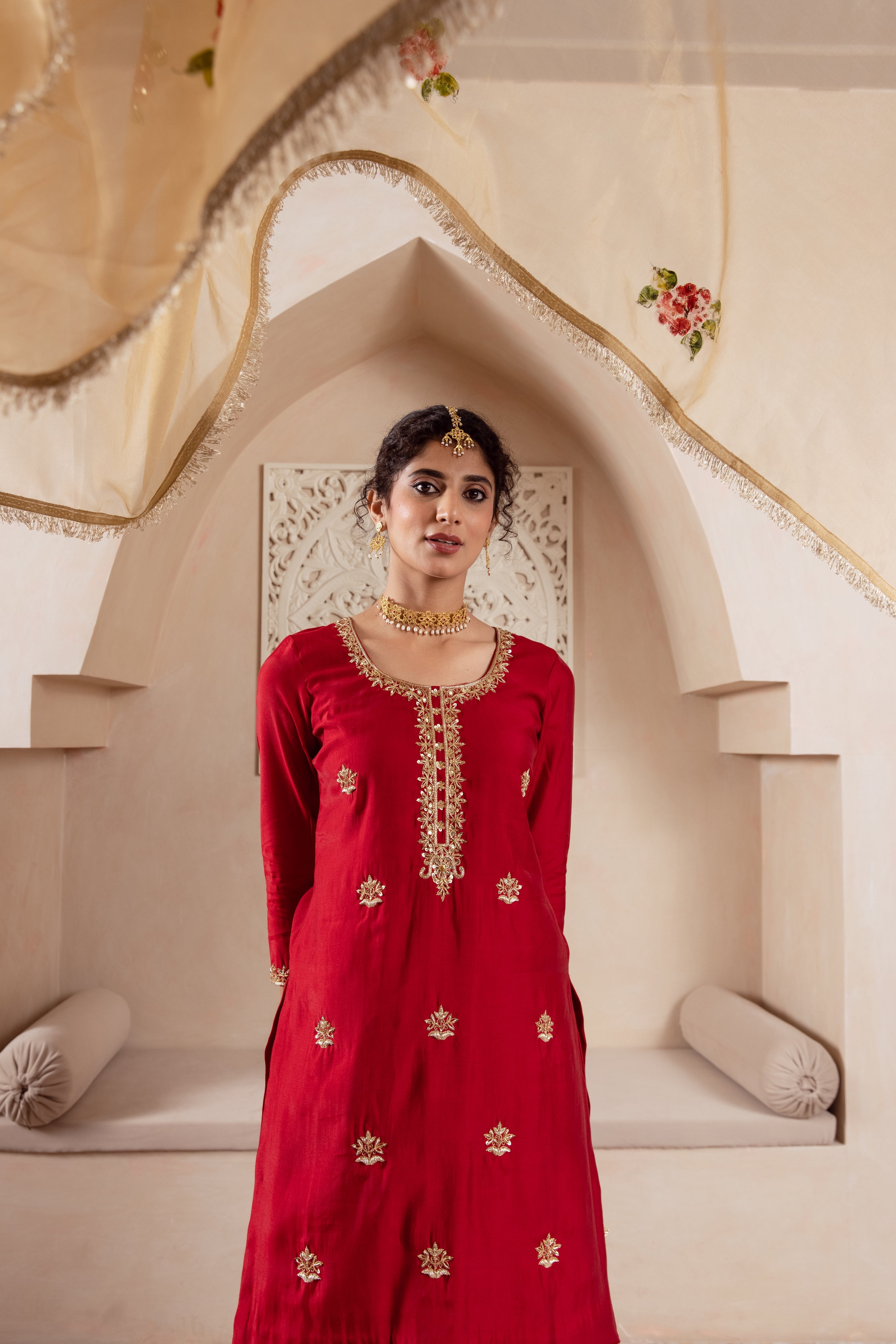 GULNAZ maroon rose hand painted sharara  set