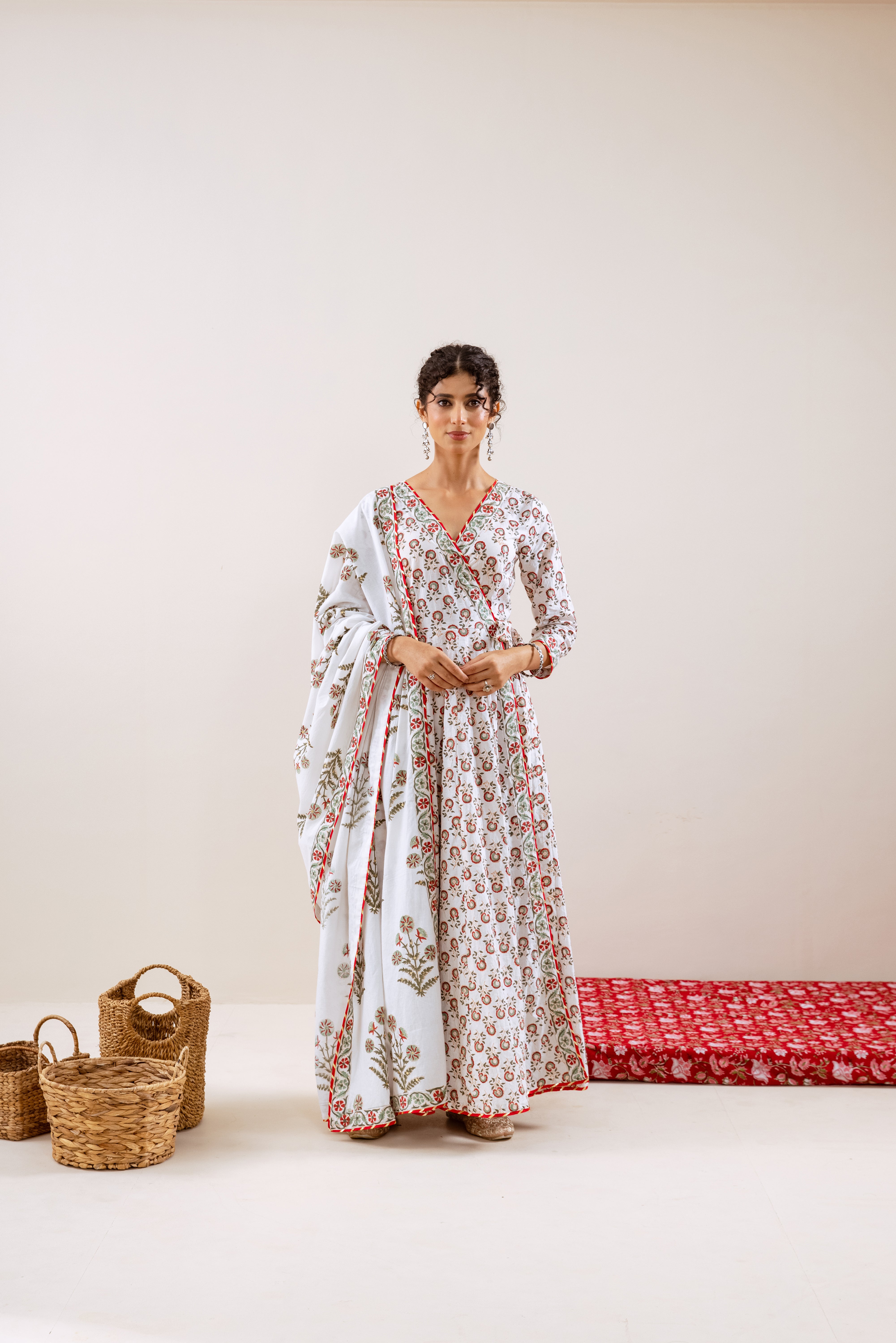 Bahara Red Hand Block Angrakha  Set