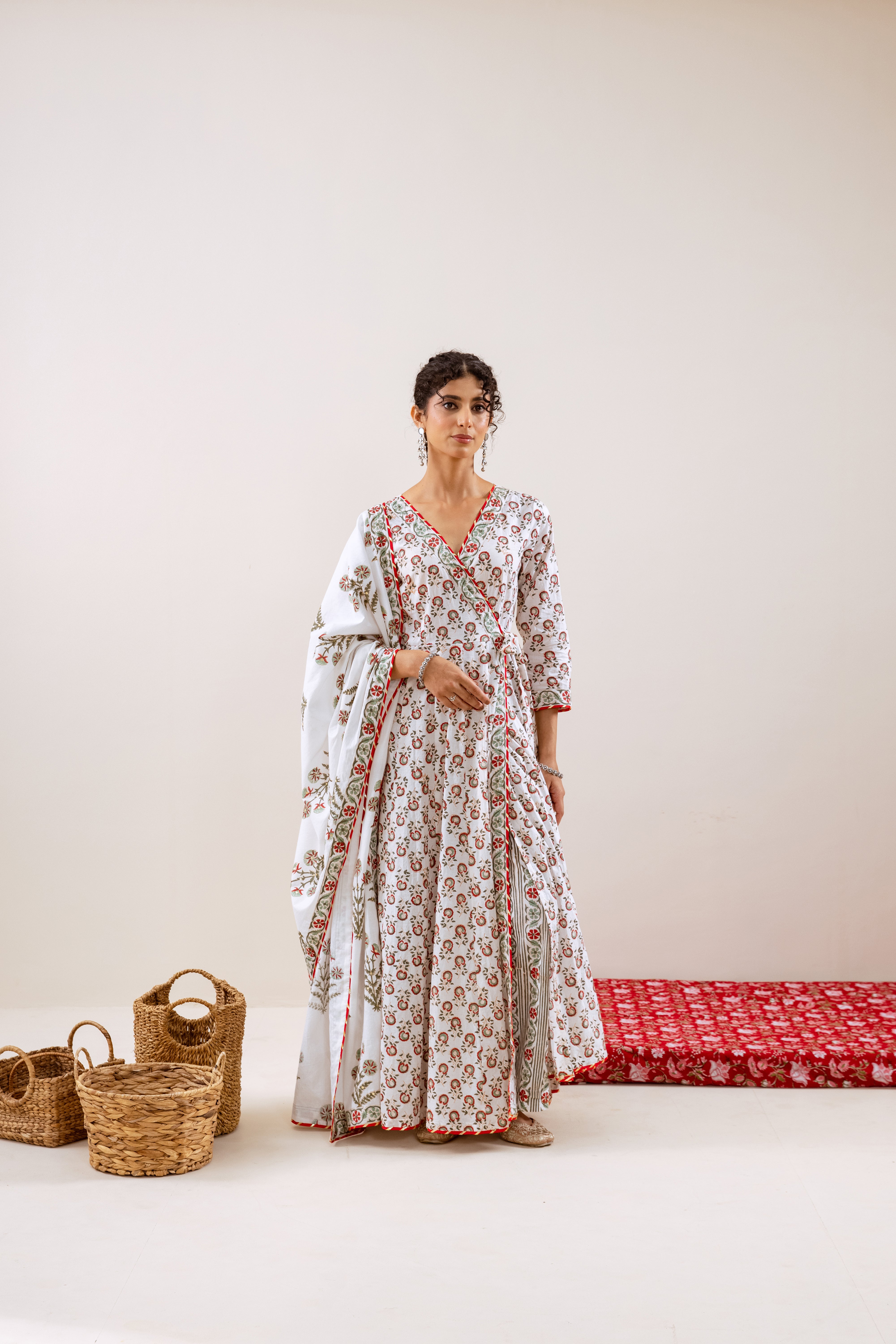 Bahara Red Hand Block Angrakha  Set