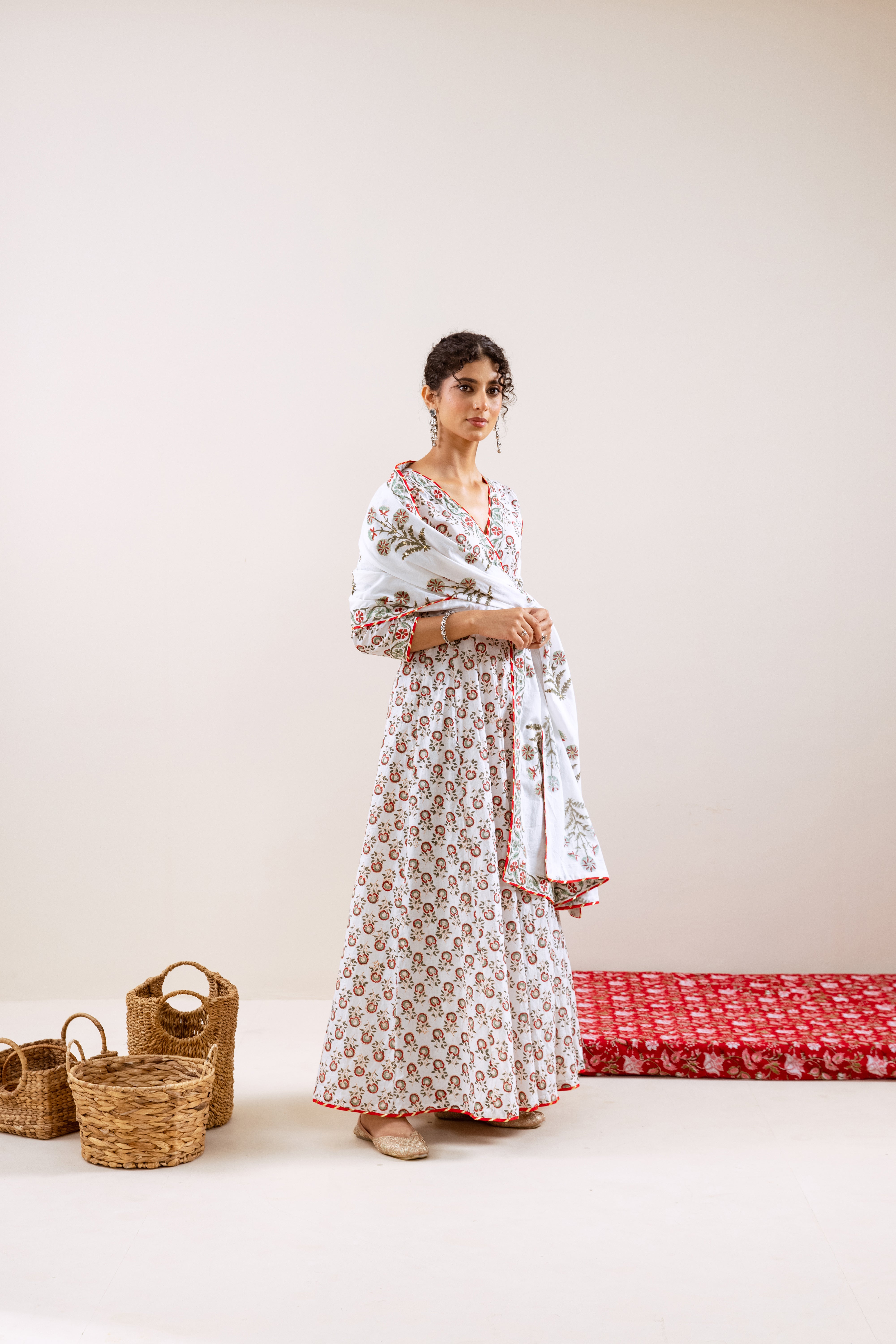 Bahara Red Hand Block Angrakha  Set