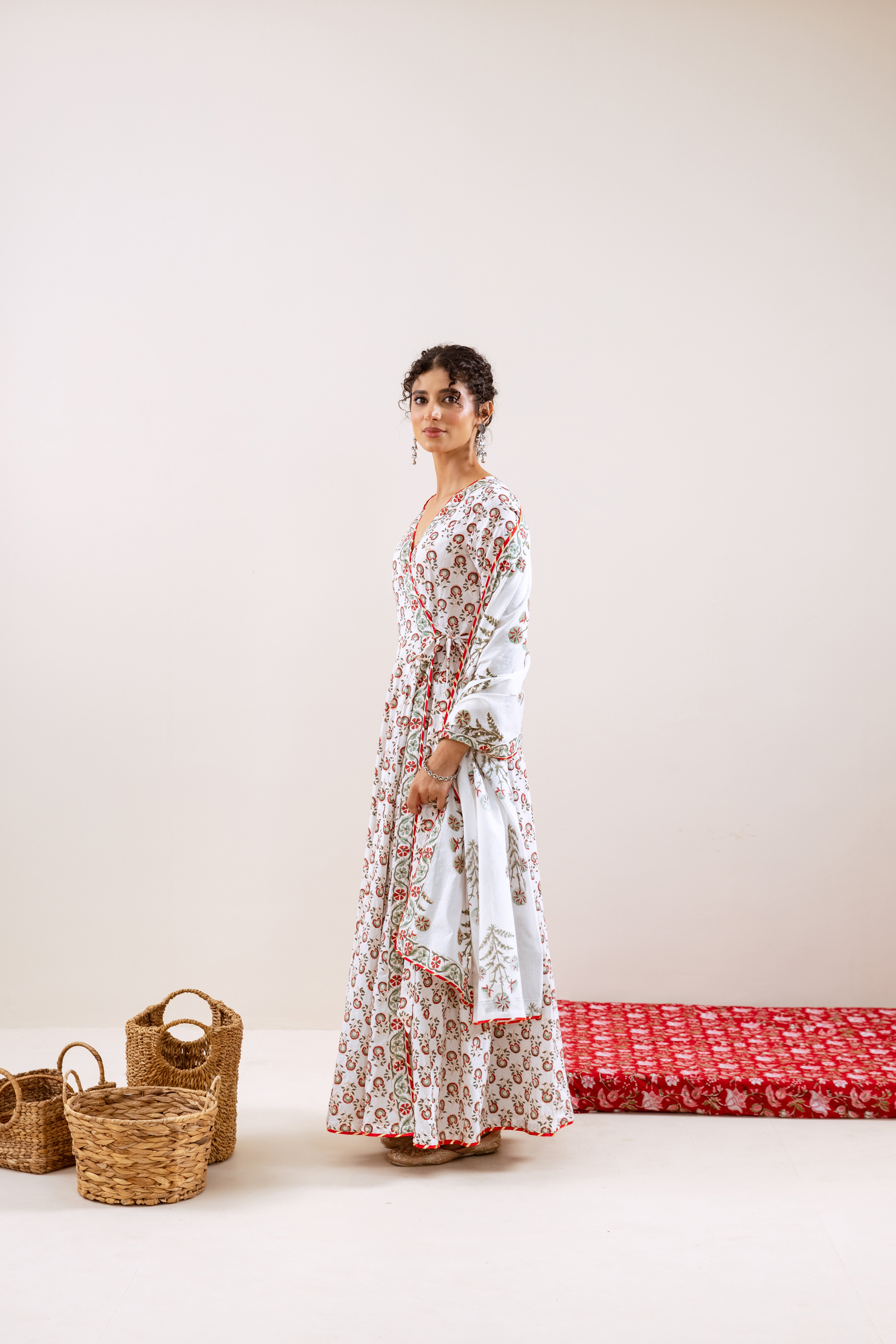 Bahara Red Hand Block Angrakha  Set