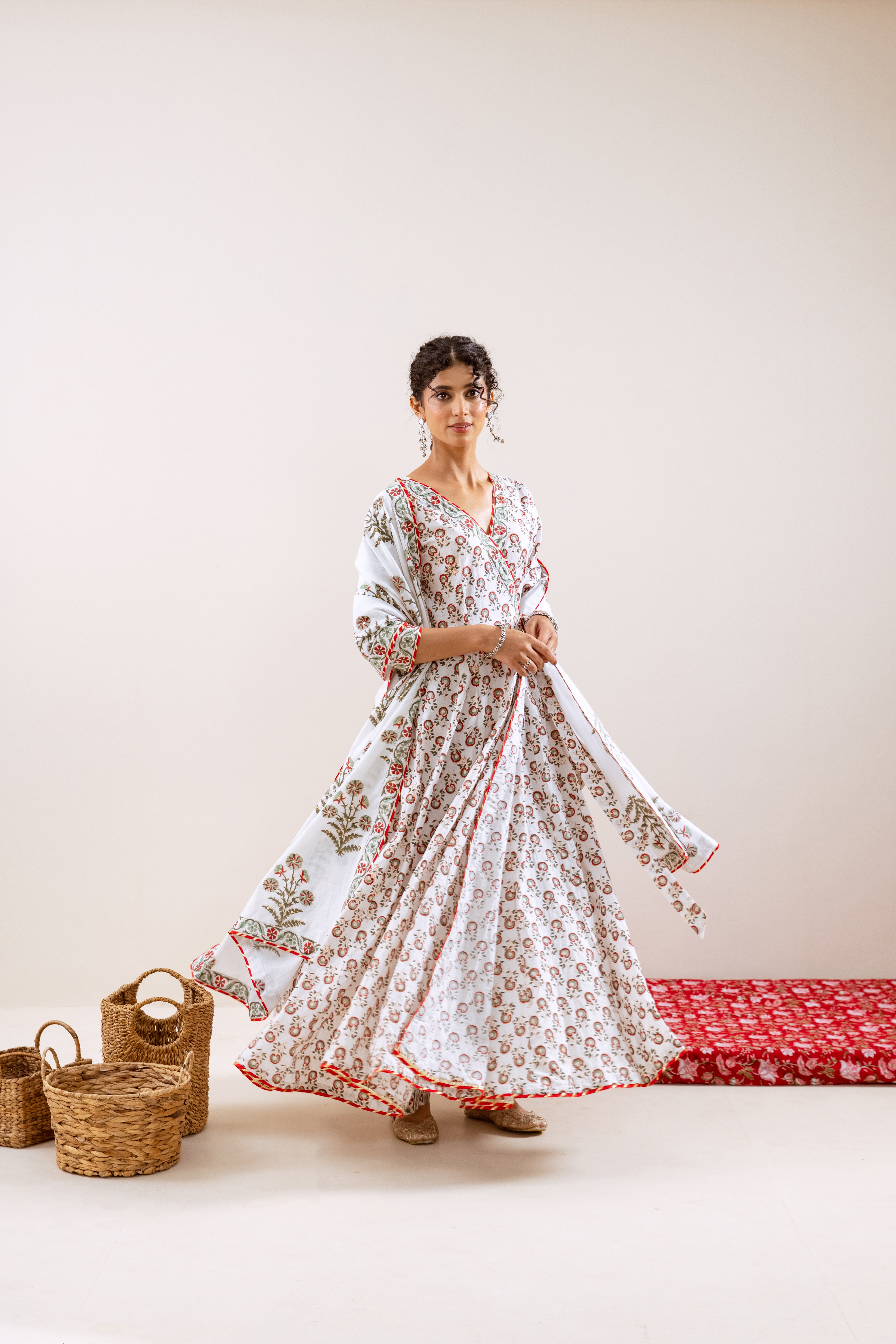 Bahara Red Hand Block Angrakha  Set