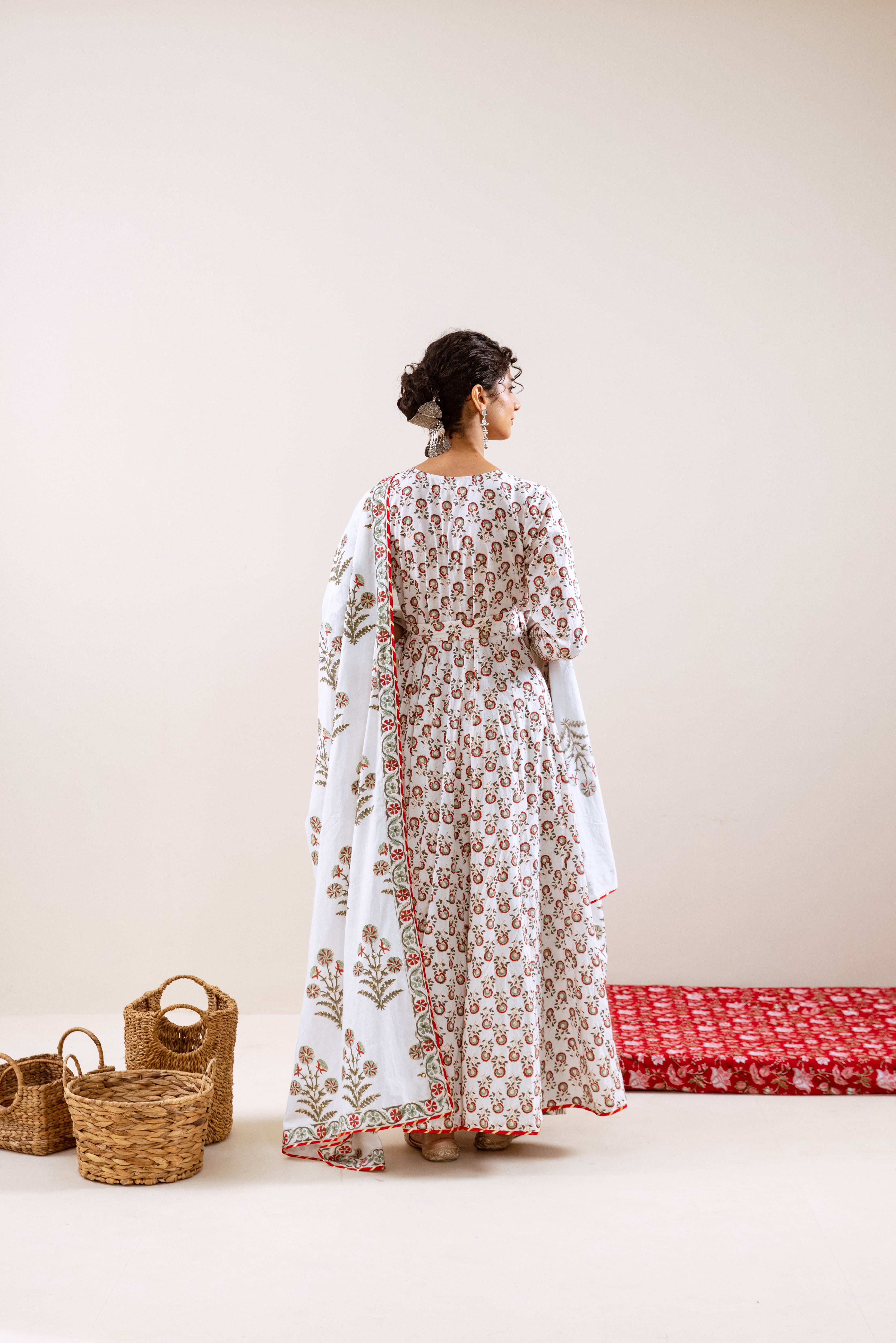 Bahara Red Hand Block Angrakha  Set