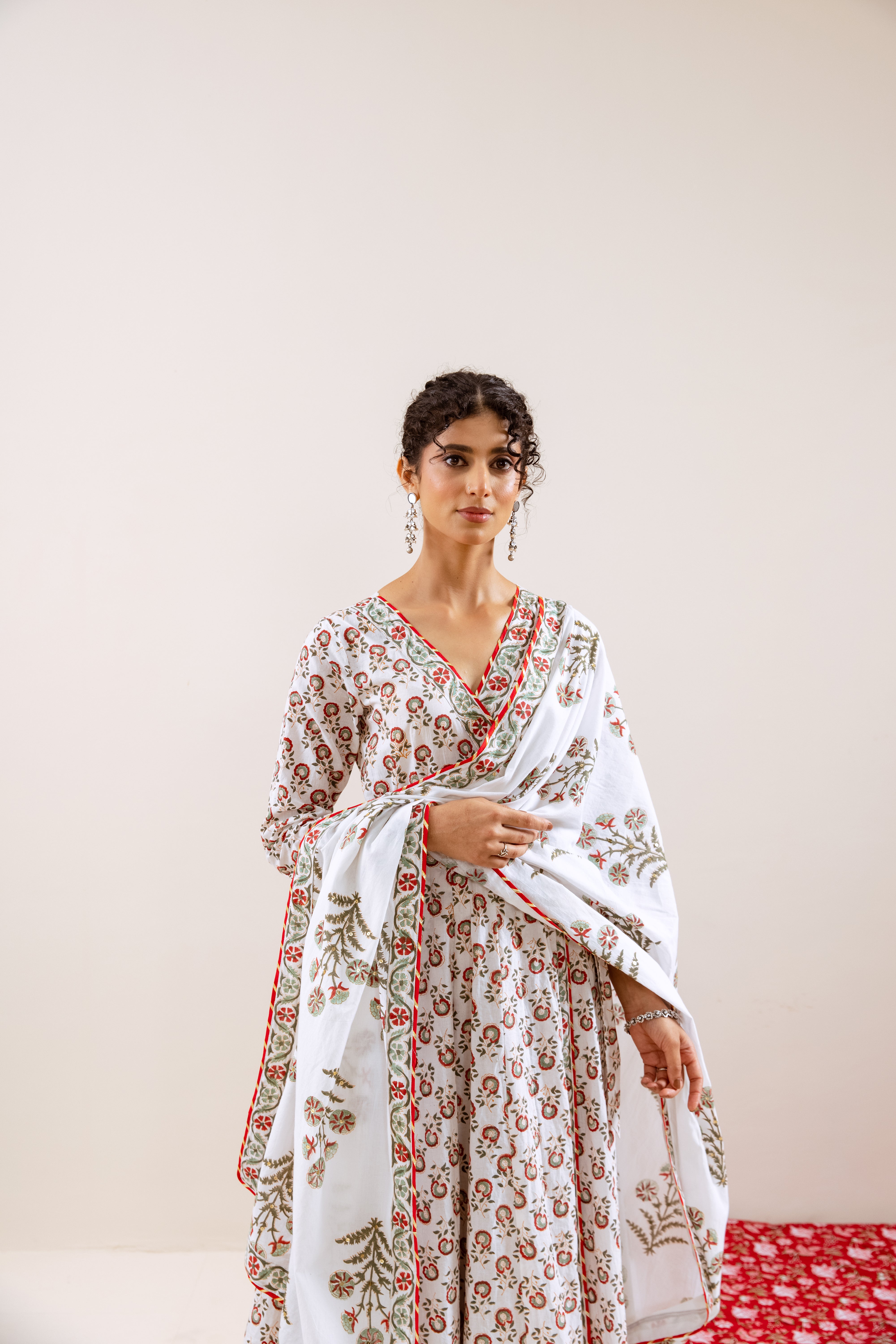 Bahara Red Hand Block Angrakha  Set