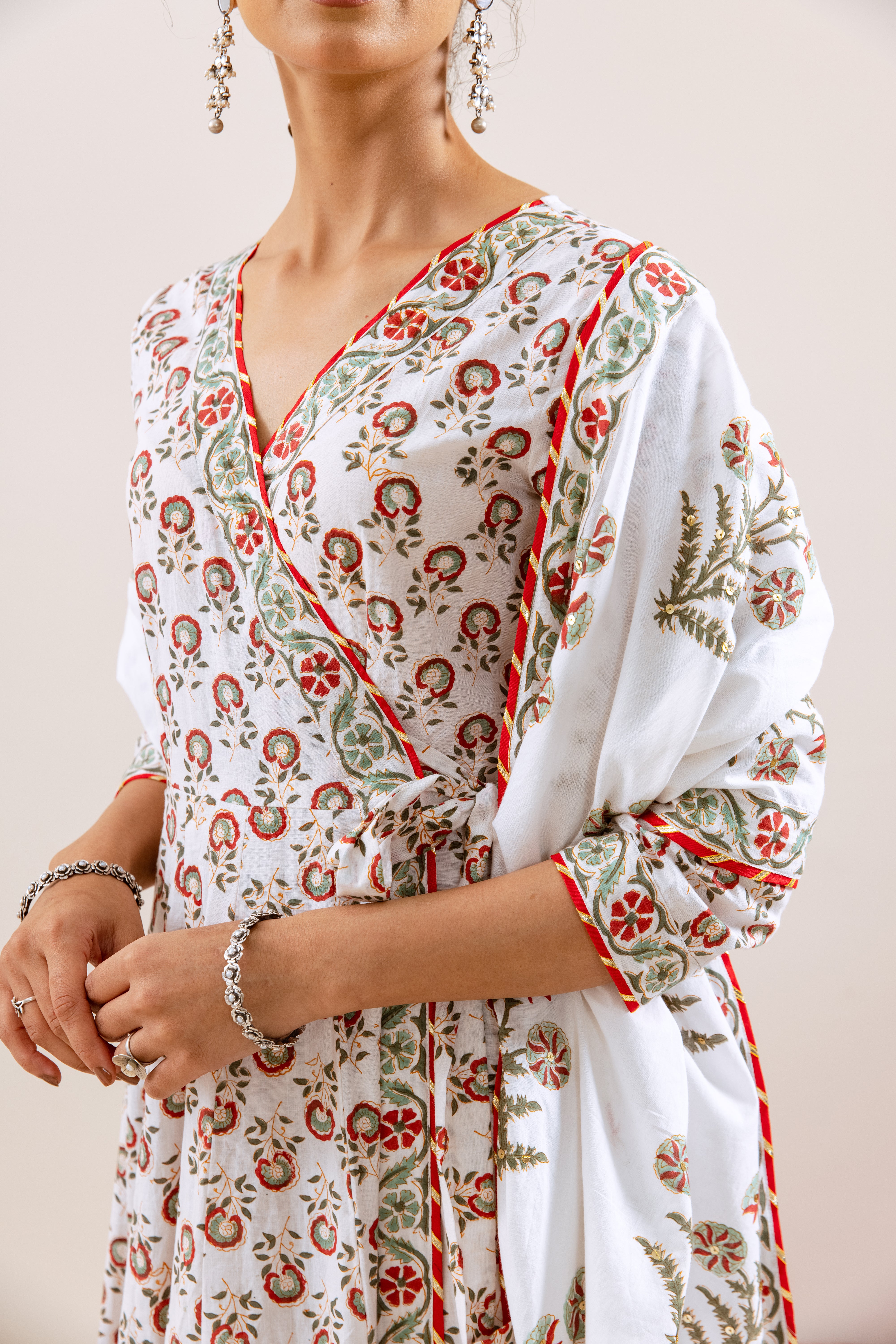 Bahara Red Hand Block Angrakha  Set