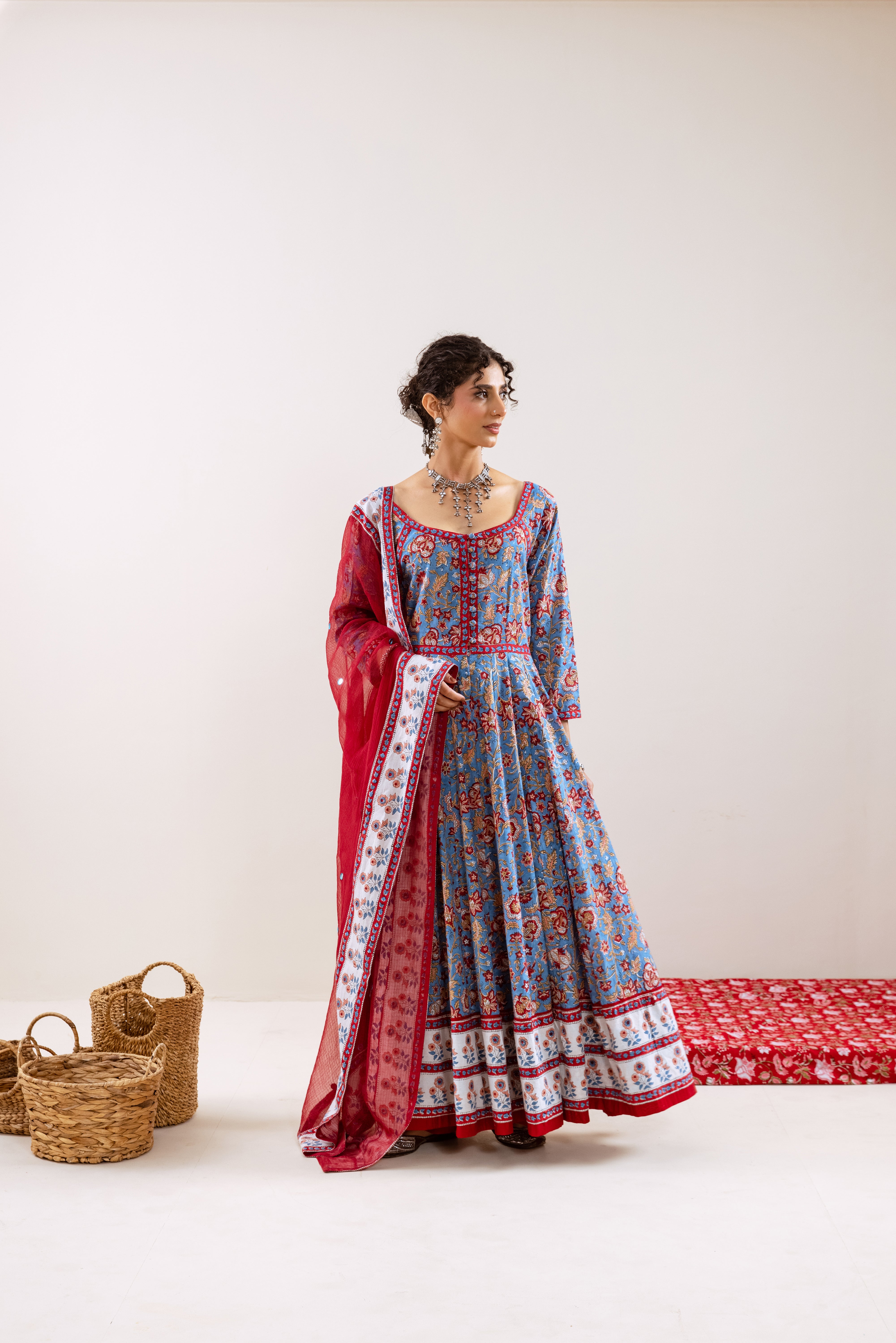 Bahara Blue Floral Hand Block Anarkali Set