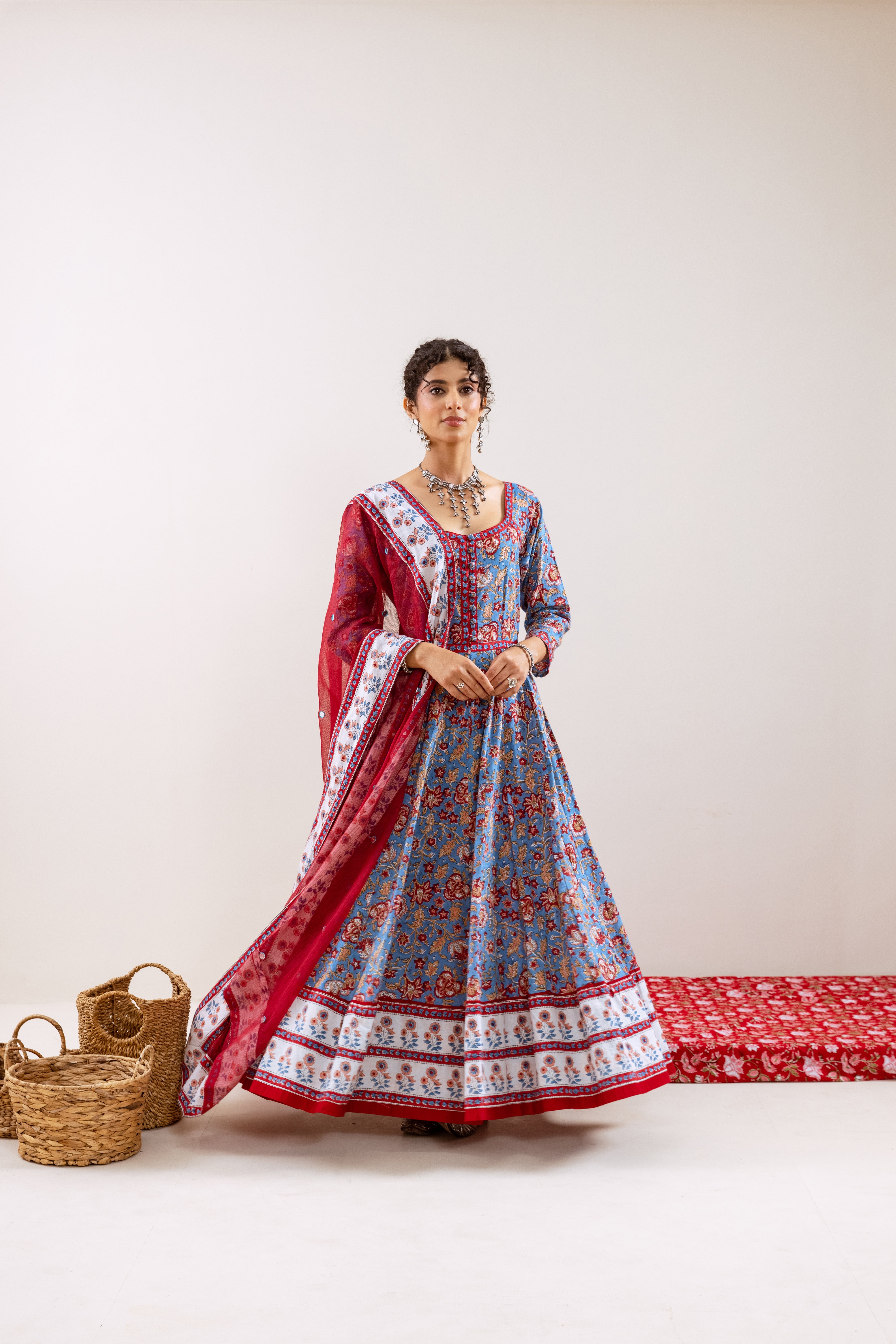 Bahara Blue Floral Hand Block Anarkali Set