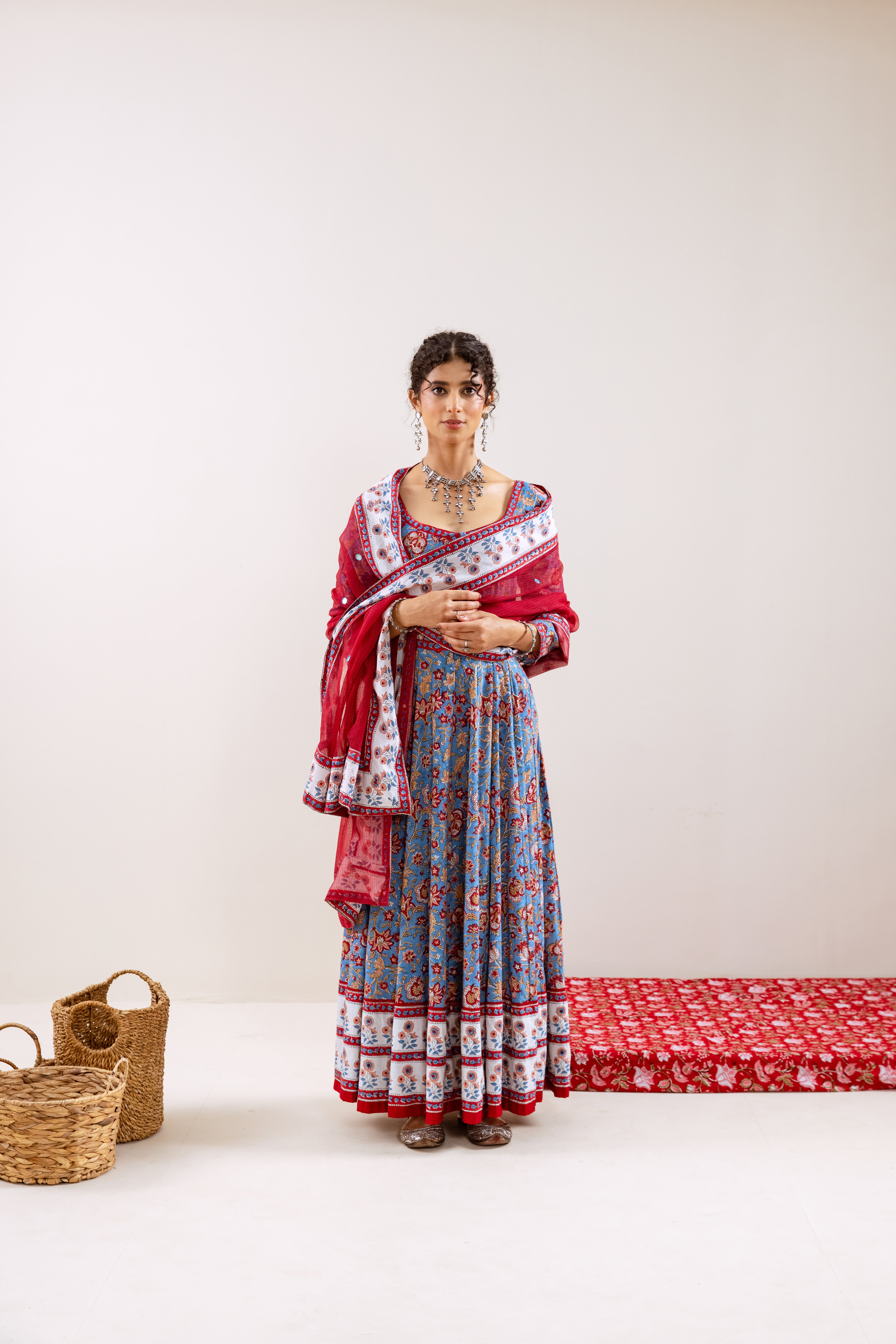 Bahara Blue Floral Hand Block Anarkali Set