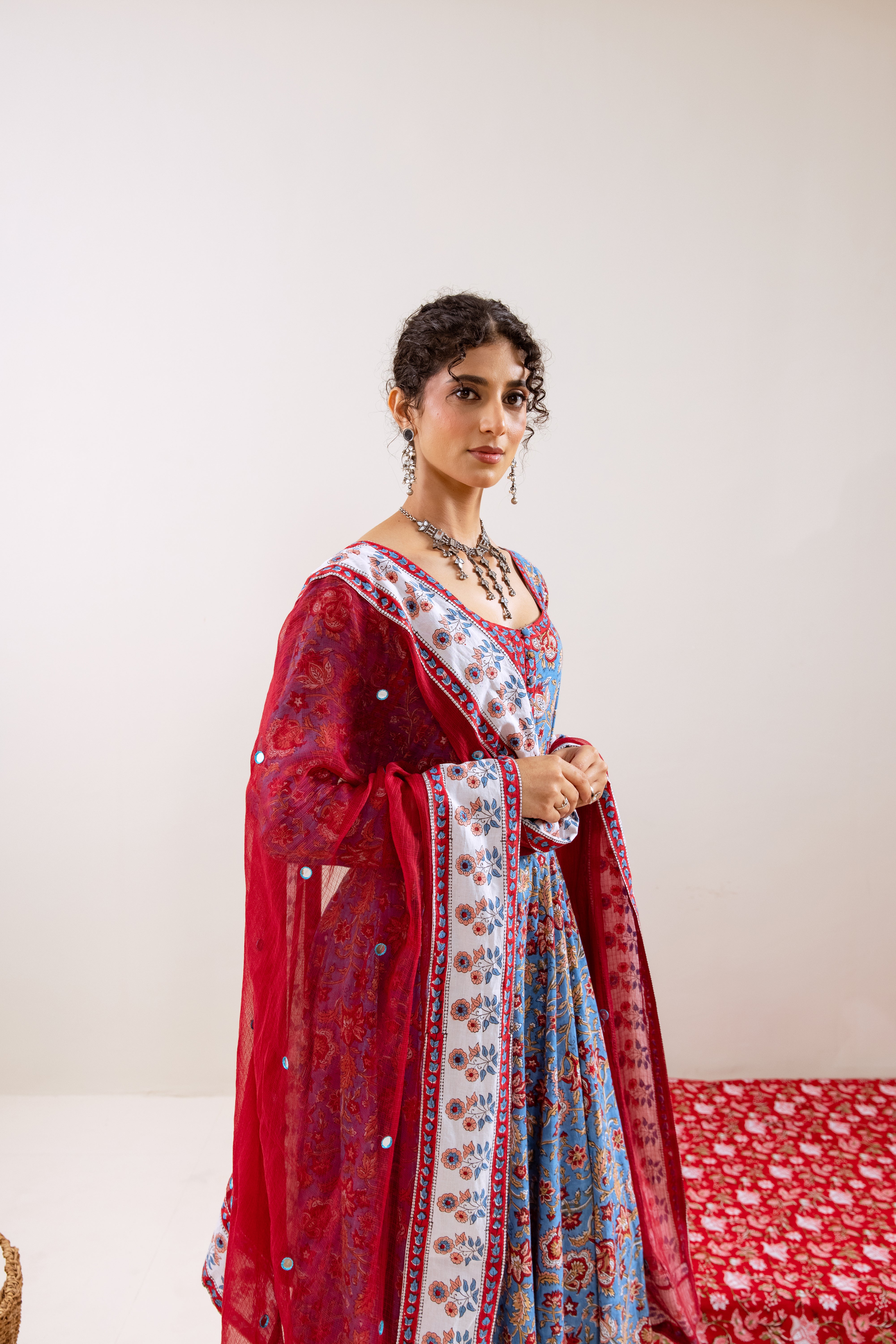 Bahara Blue Floral Hand Block Anarkali Set