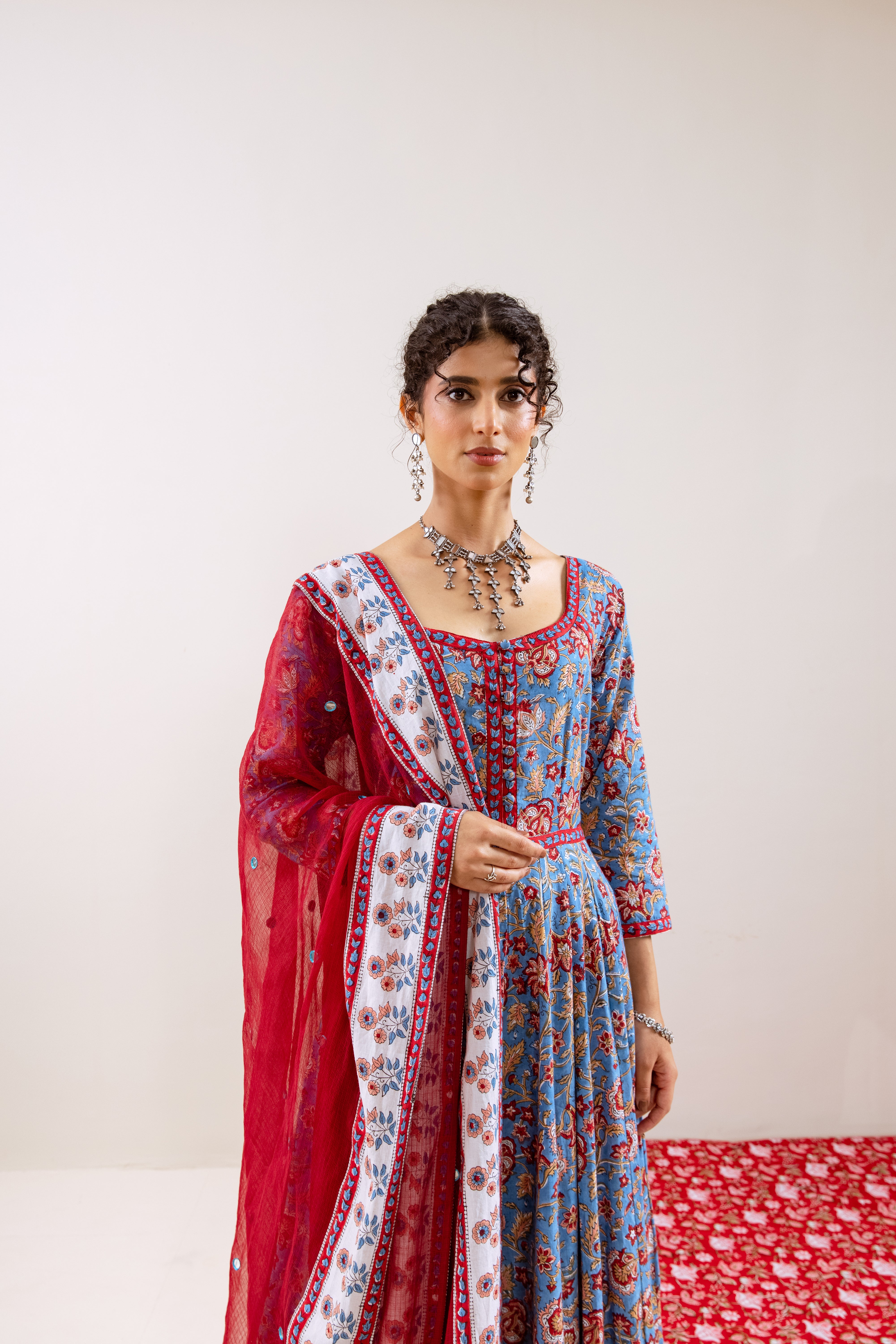 Bahara Blue Floral Hand Block Anarkali Set