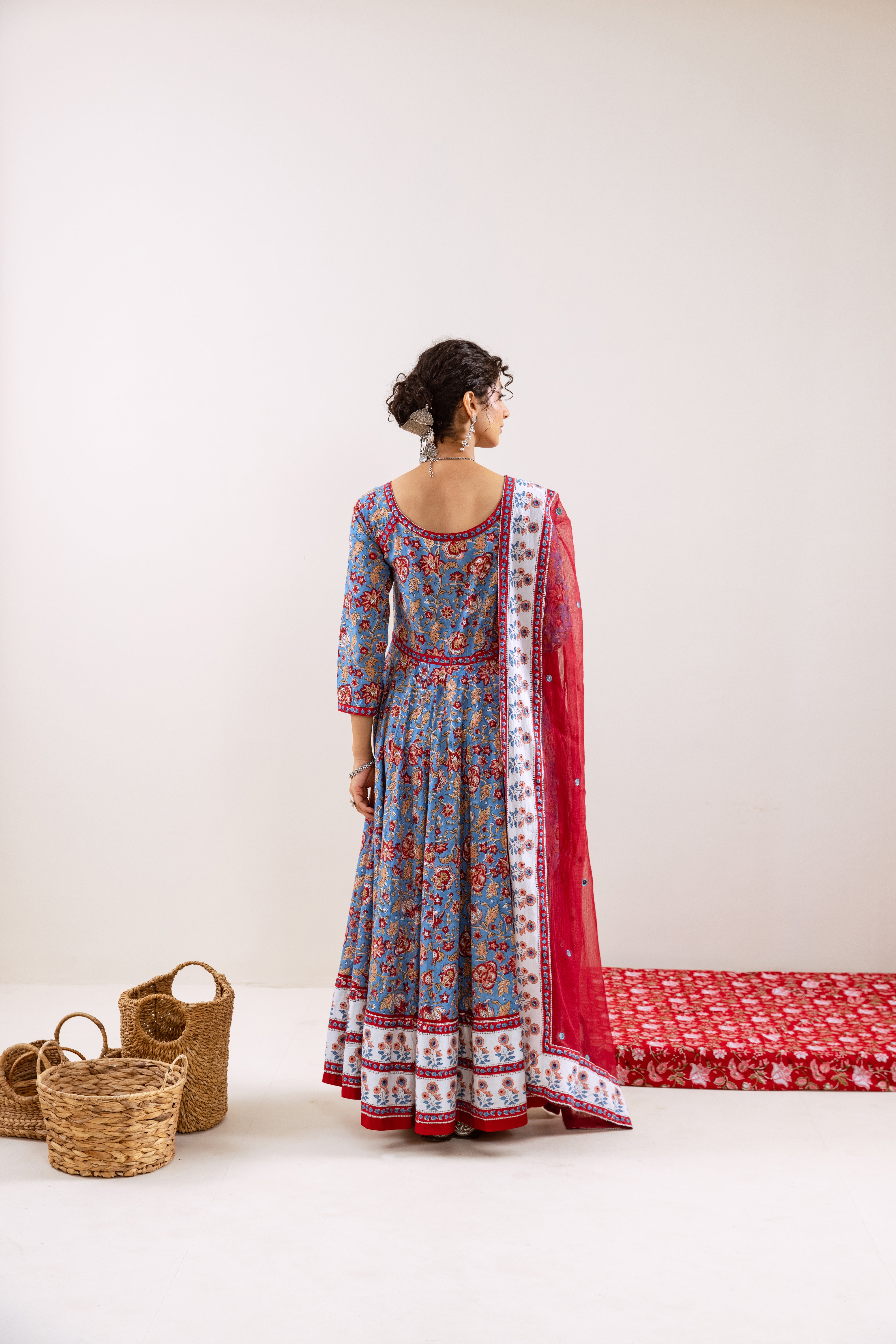 Bahara Blue Floral Hand Block Anarkali Set