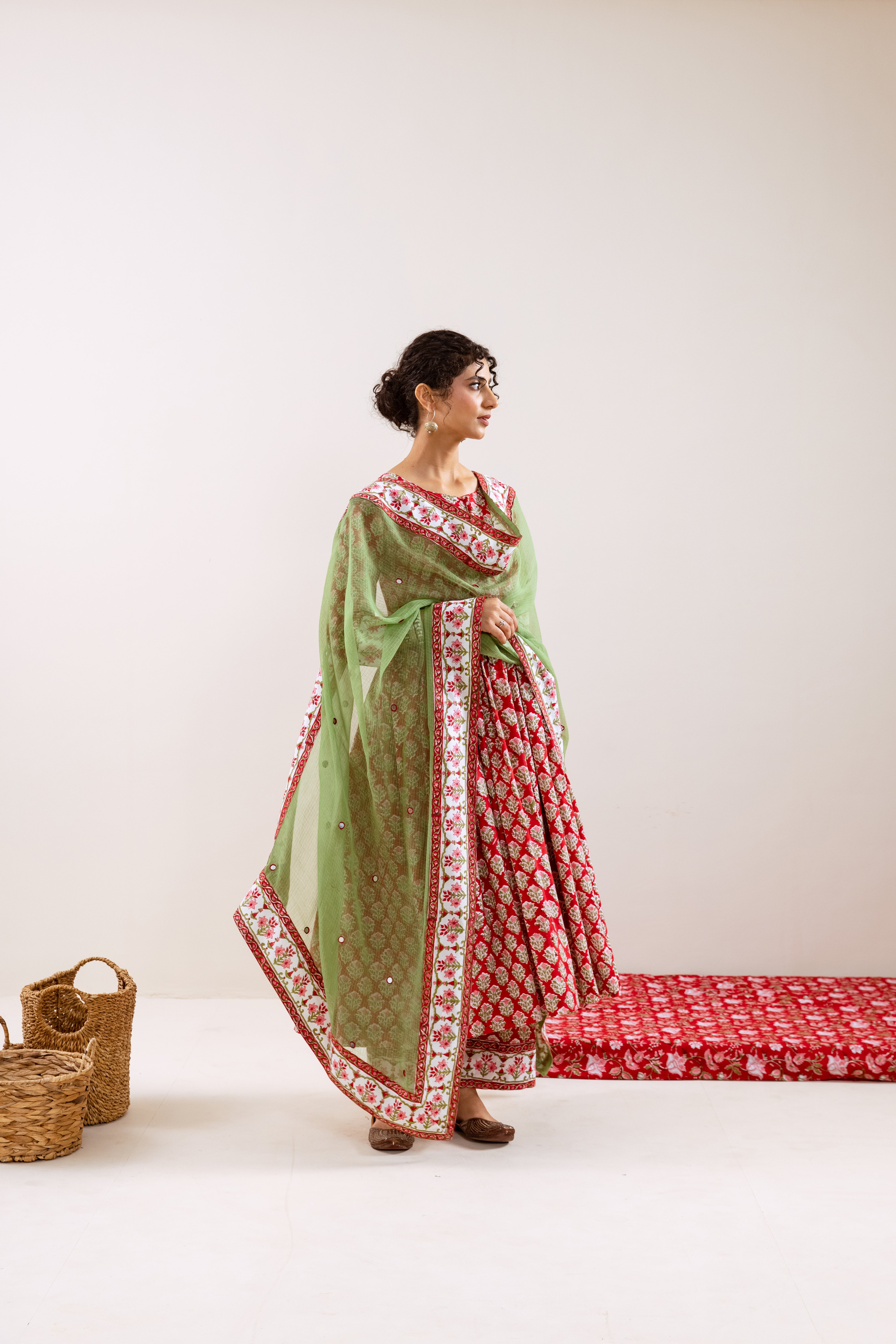 Bahara Red Hand Block Anarkali Set