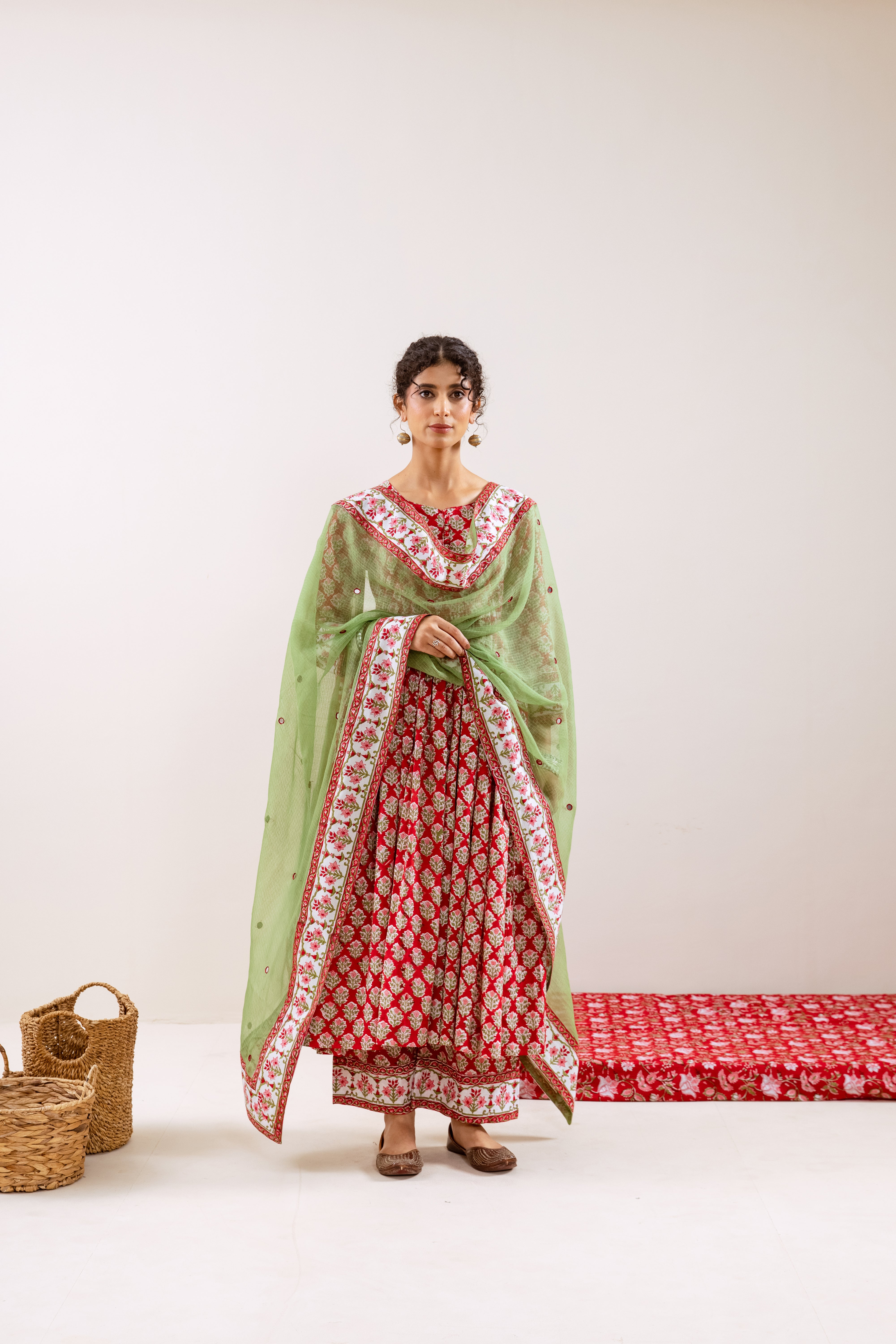 Bahara Red Hand Block Anarkali Set