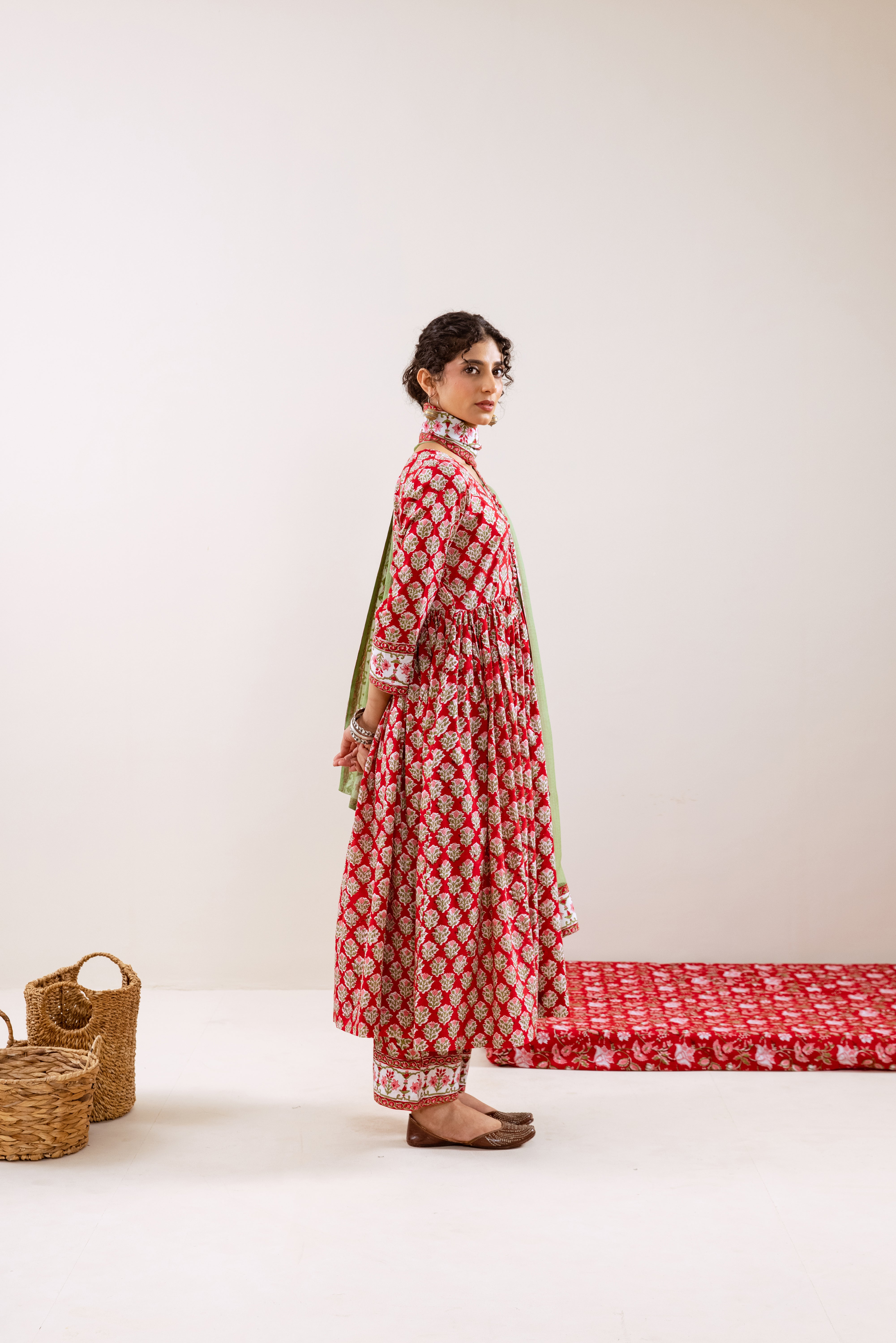 Bahara Red Hand Block Anarkali Set