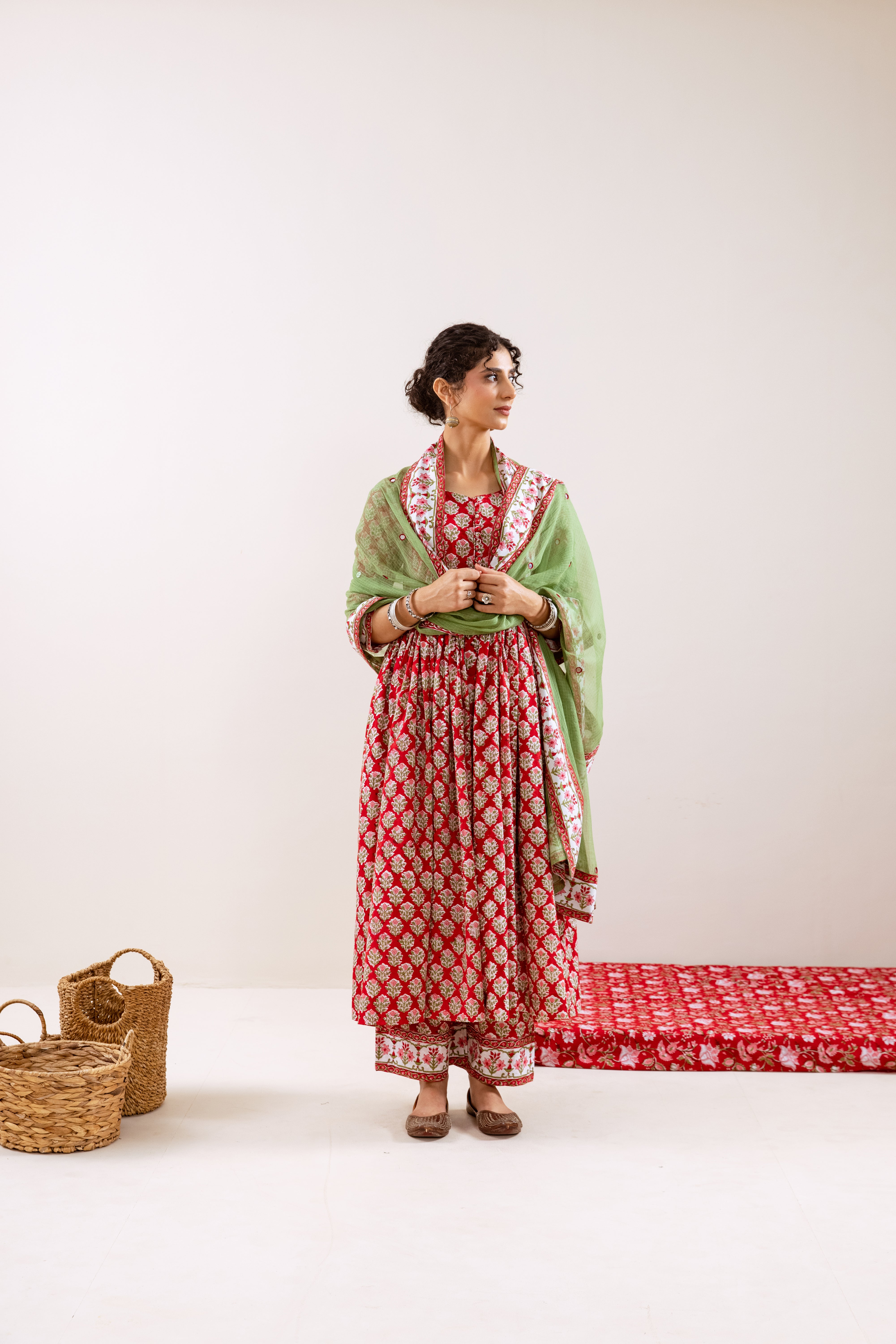 Bahara Red Hand Block Anarkali Set