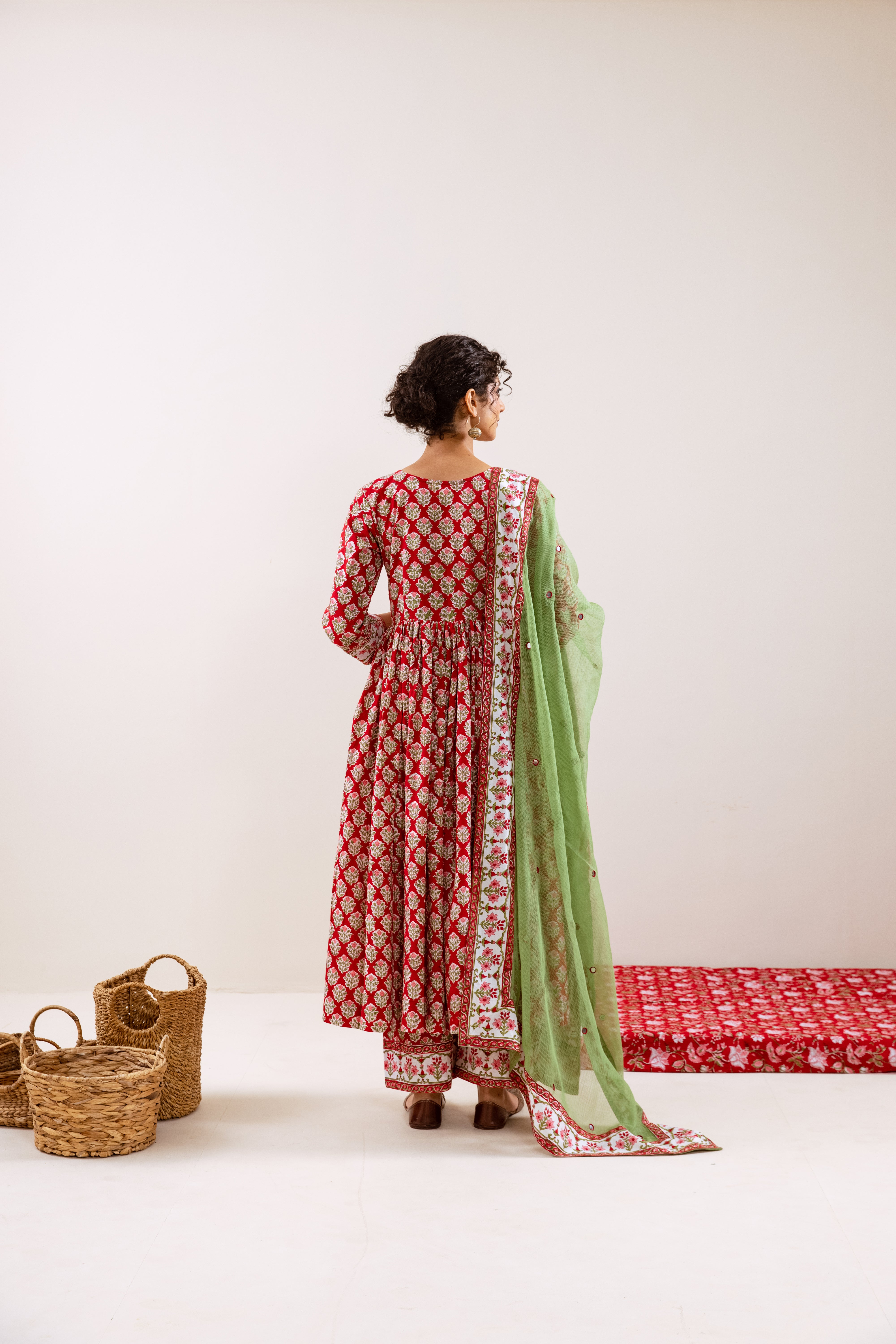 Bahara Red Hand Block Anarkali Set