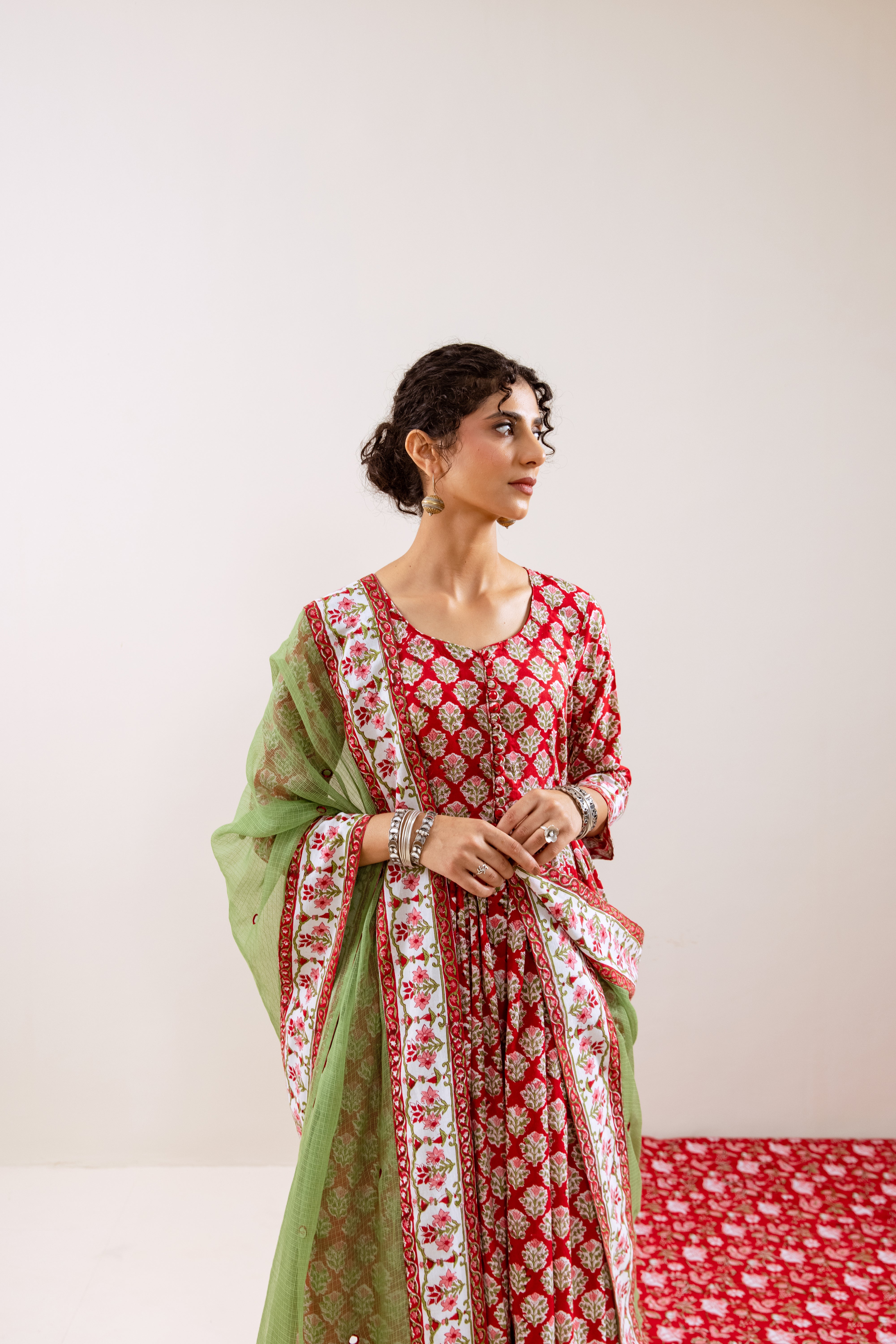 Bahara Red Hand Block Anarkali Set