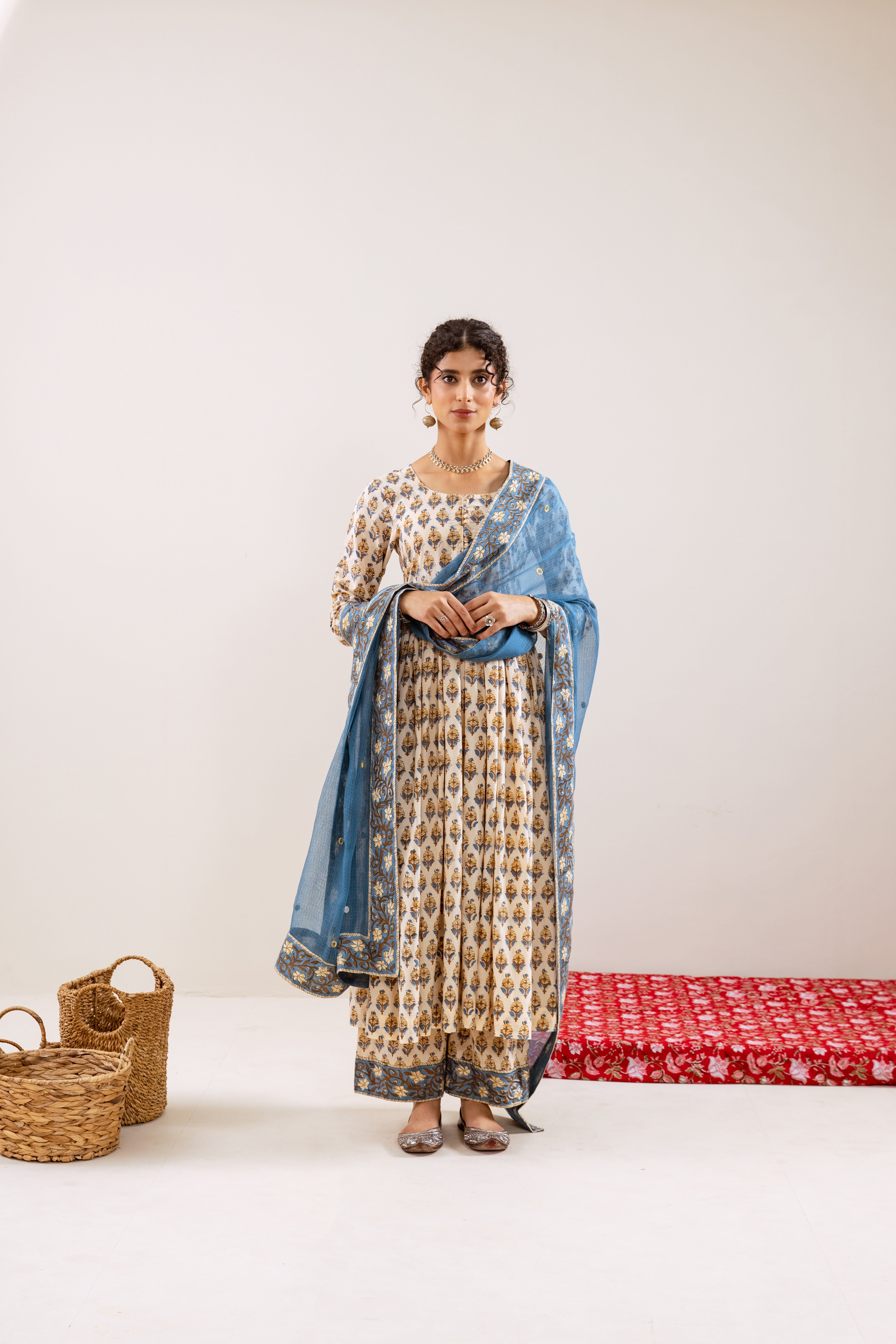 Bahara Blue Hand Block Anarkali Set