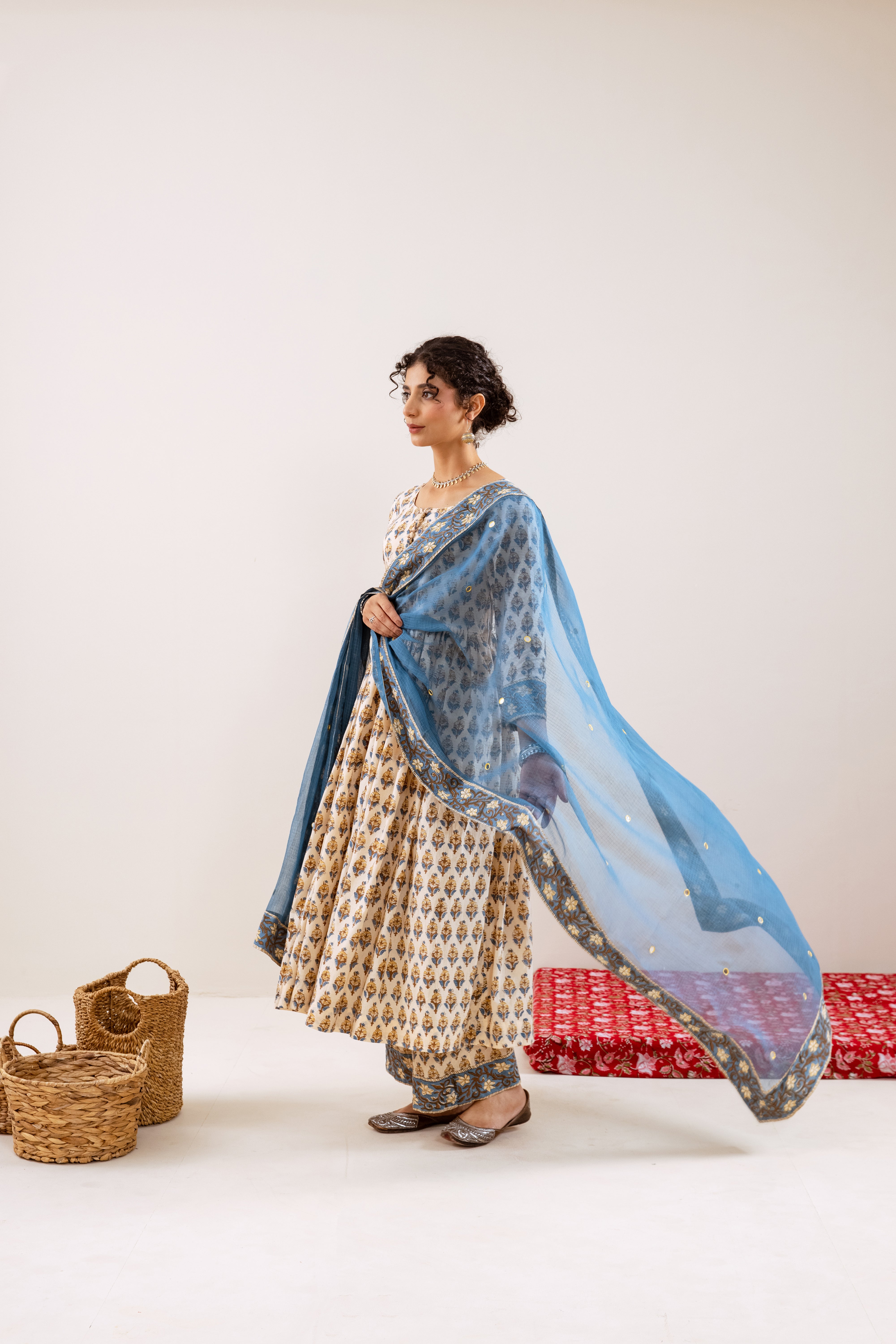 Bahara Blue Hand Block Anarkali Set