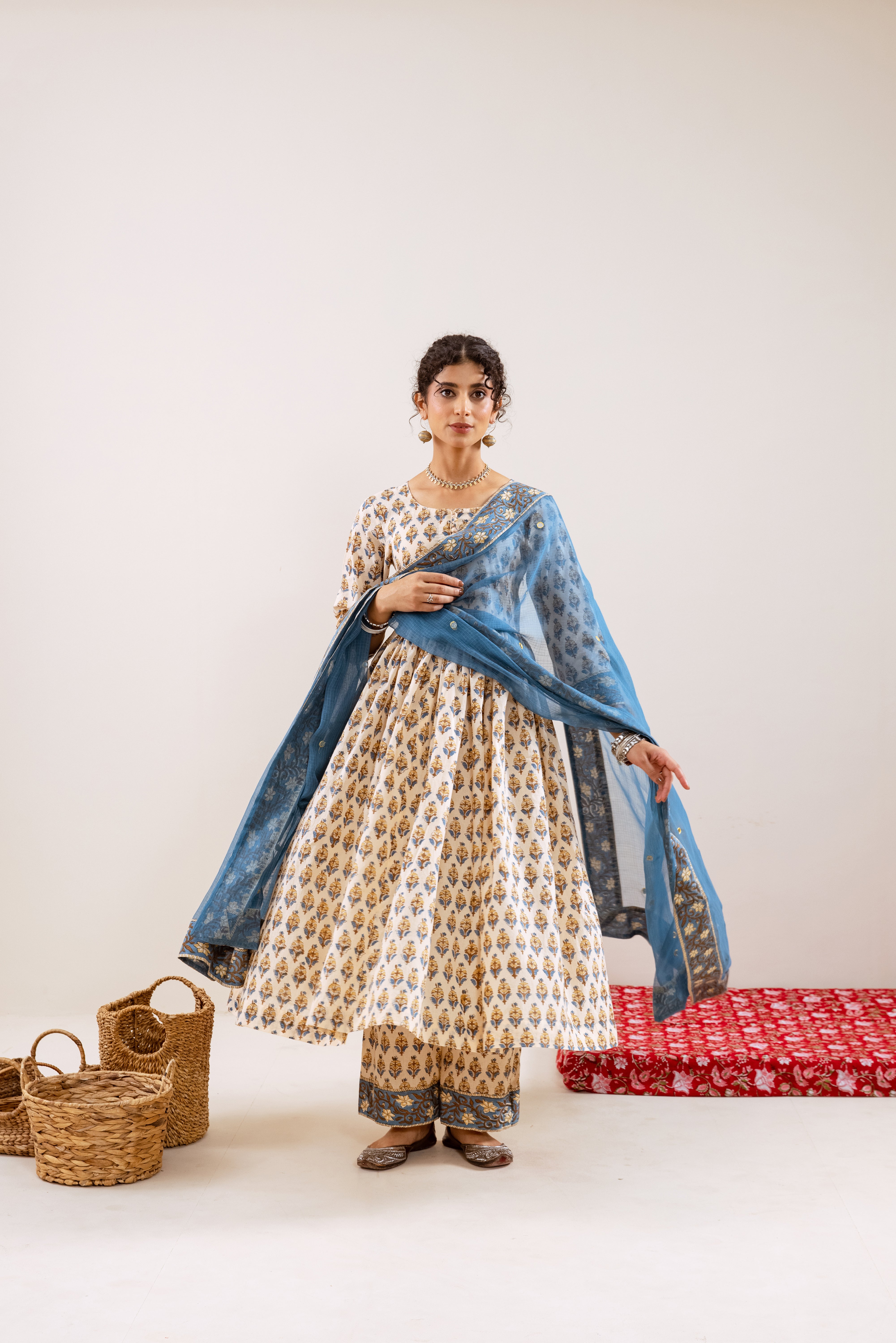 Bahara Blue Hand Block Anarkali Set