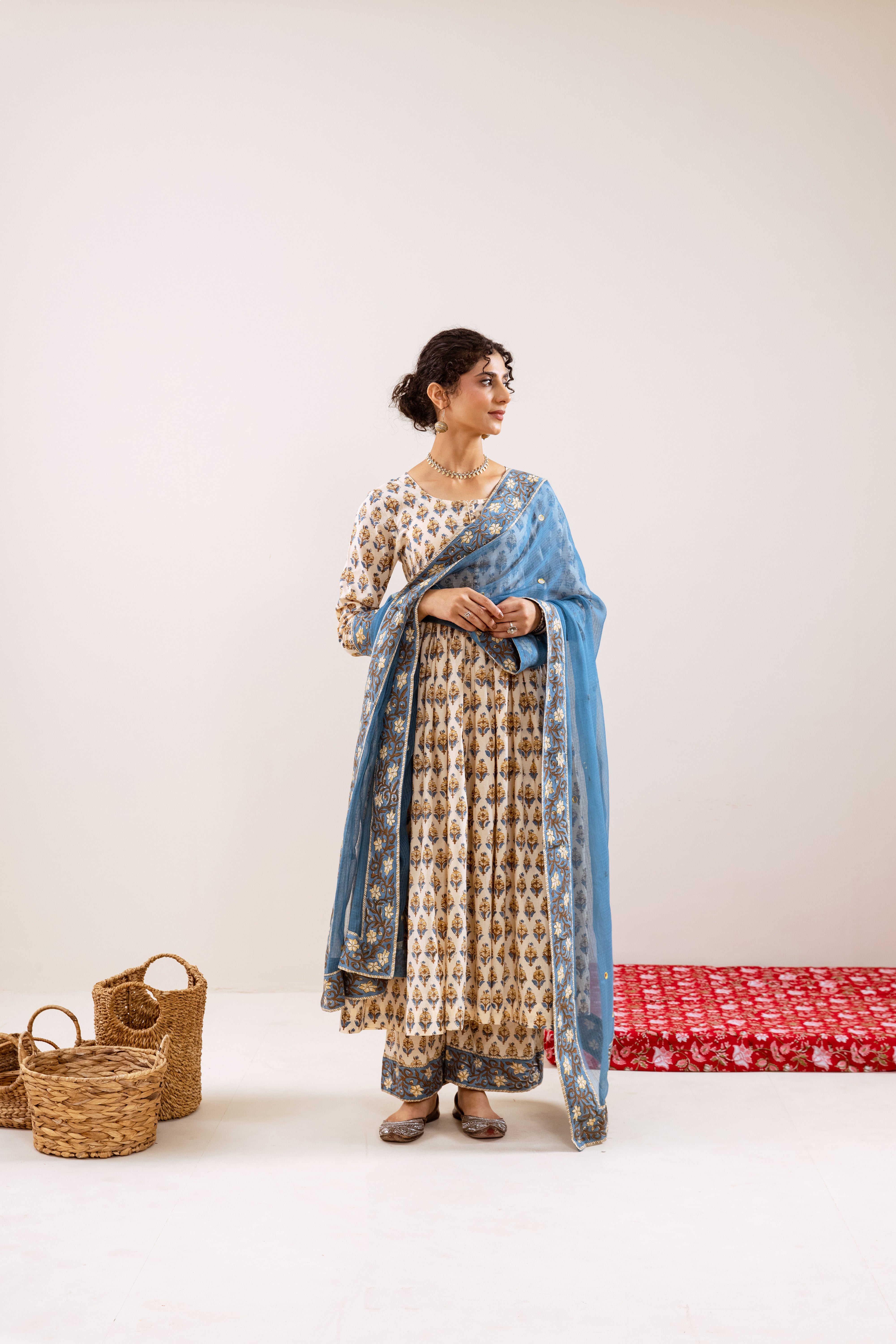 Bahara Blue Hand Block Anarkali Set