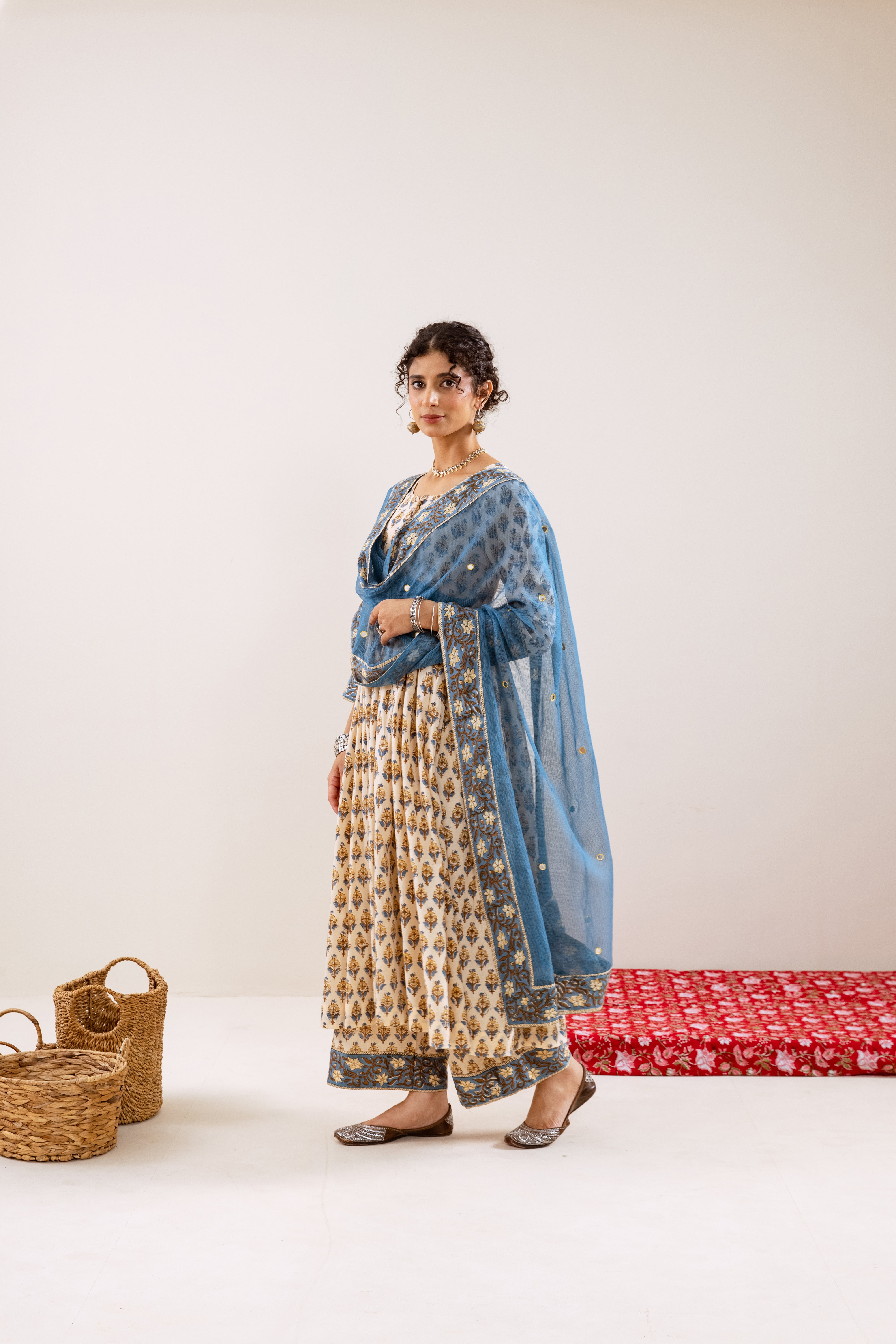 Bahara Blue Hand Block Anarkali Set