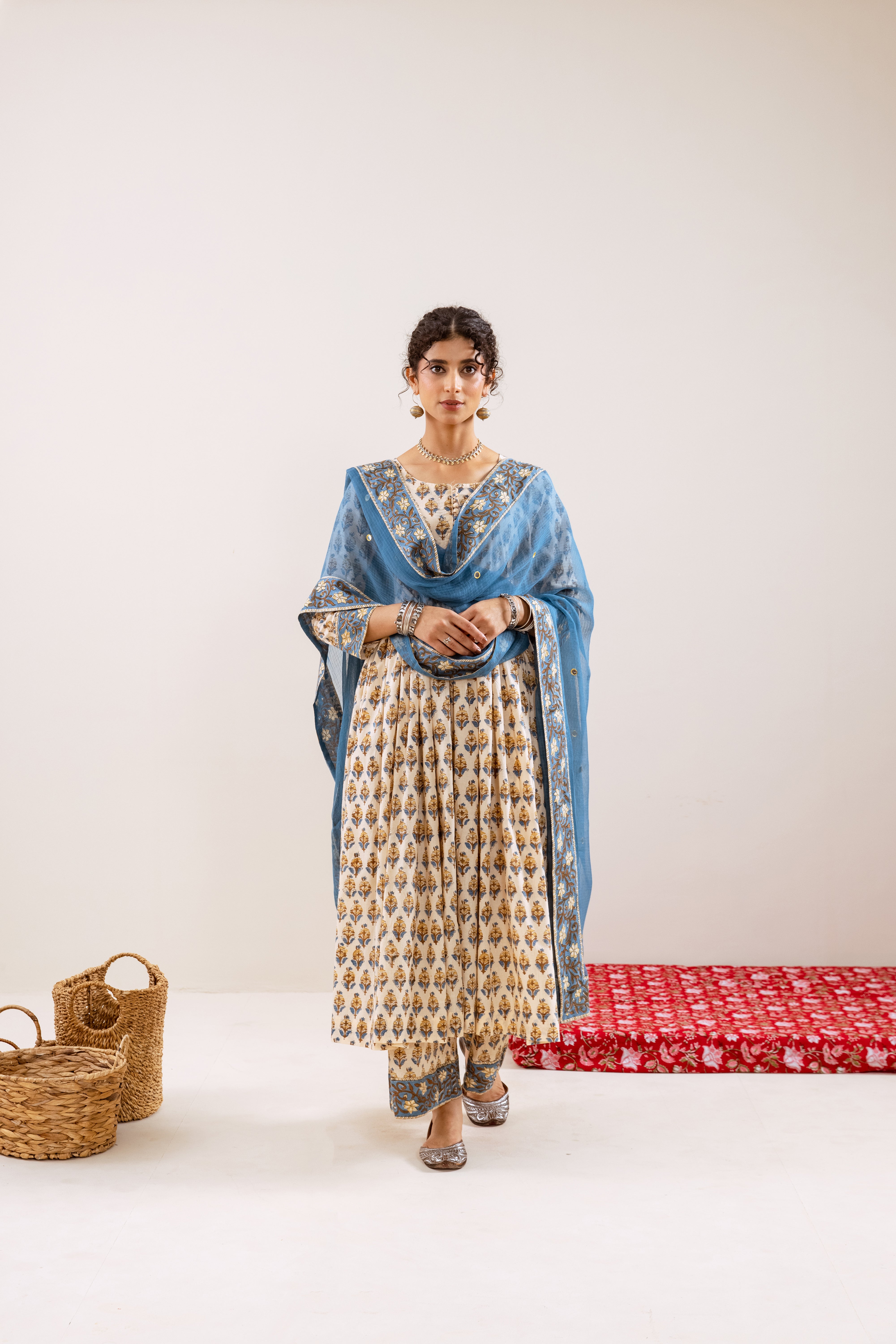 Bahara Blue Hand Block Anarkali Set