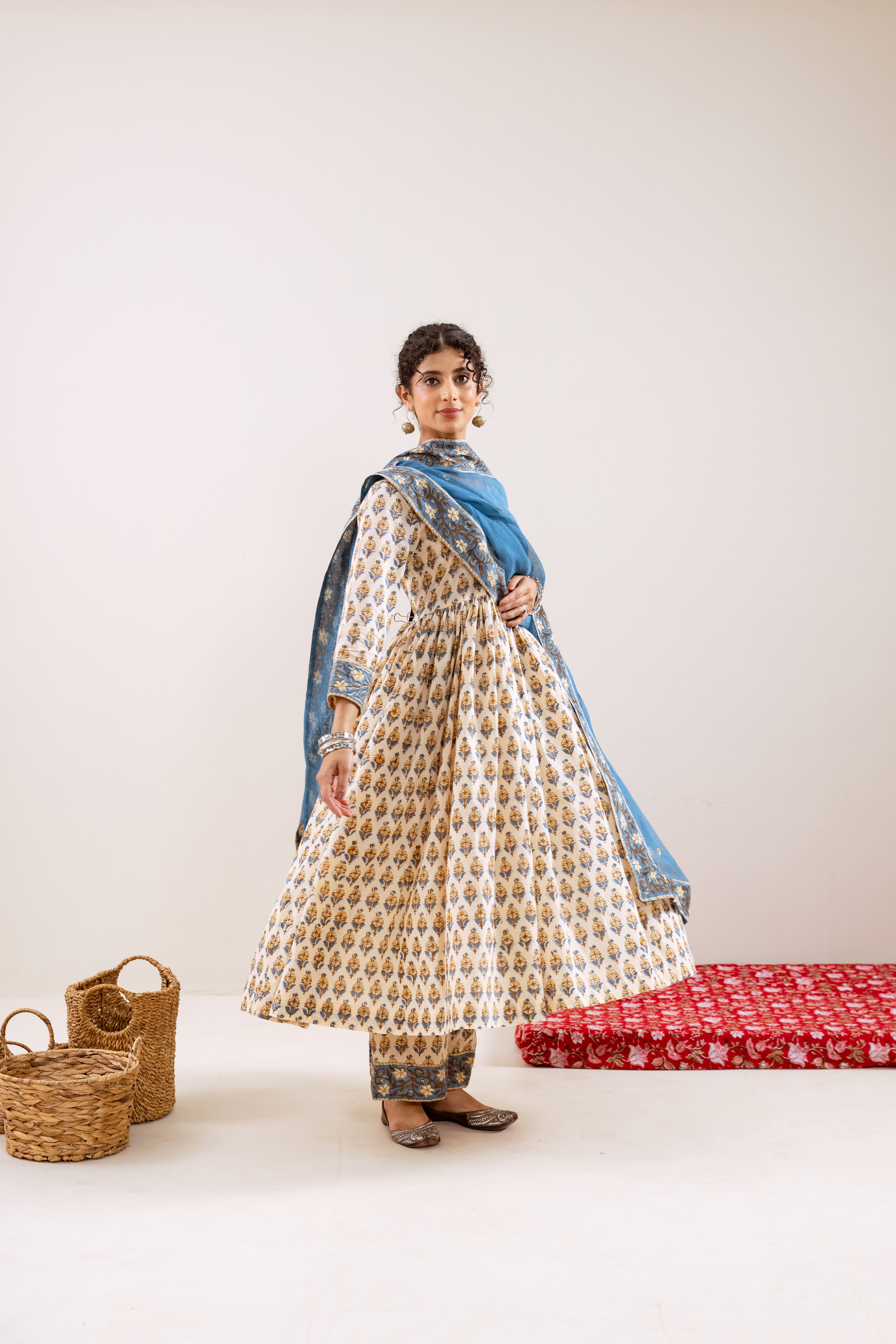 Bahara Blue Hand Block Anarkali Set