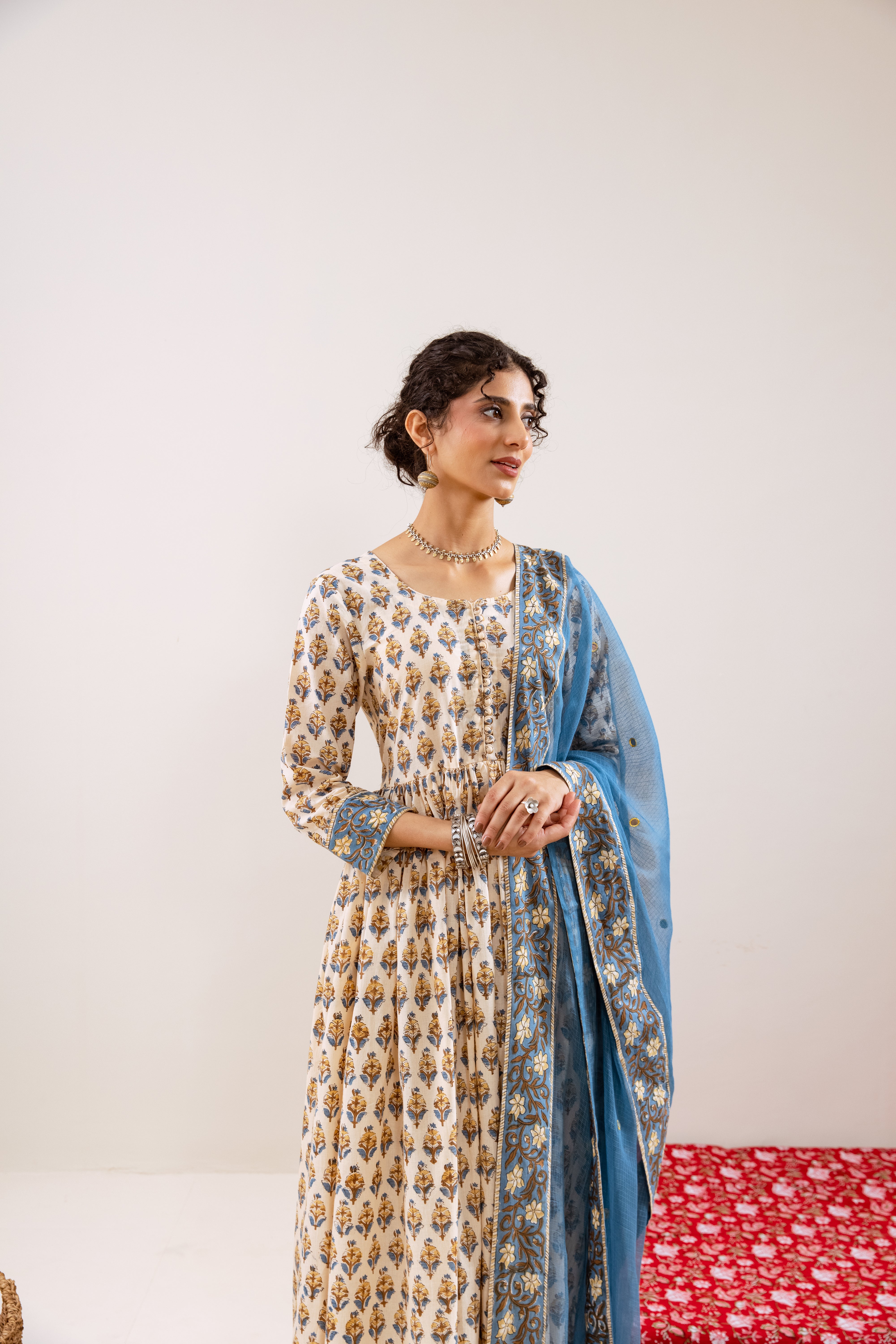 Bahara Blue Hand Block Anarkali Set