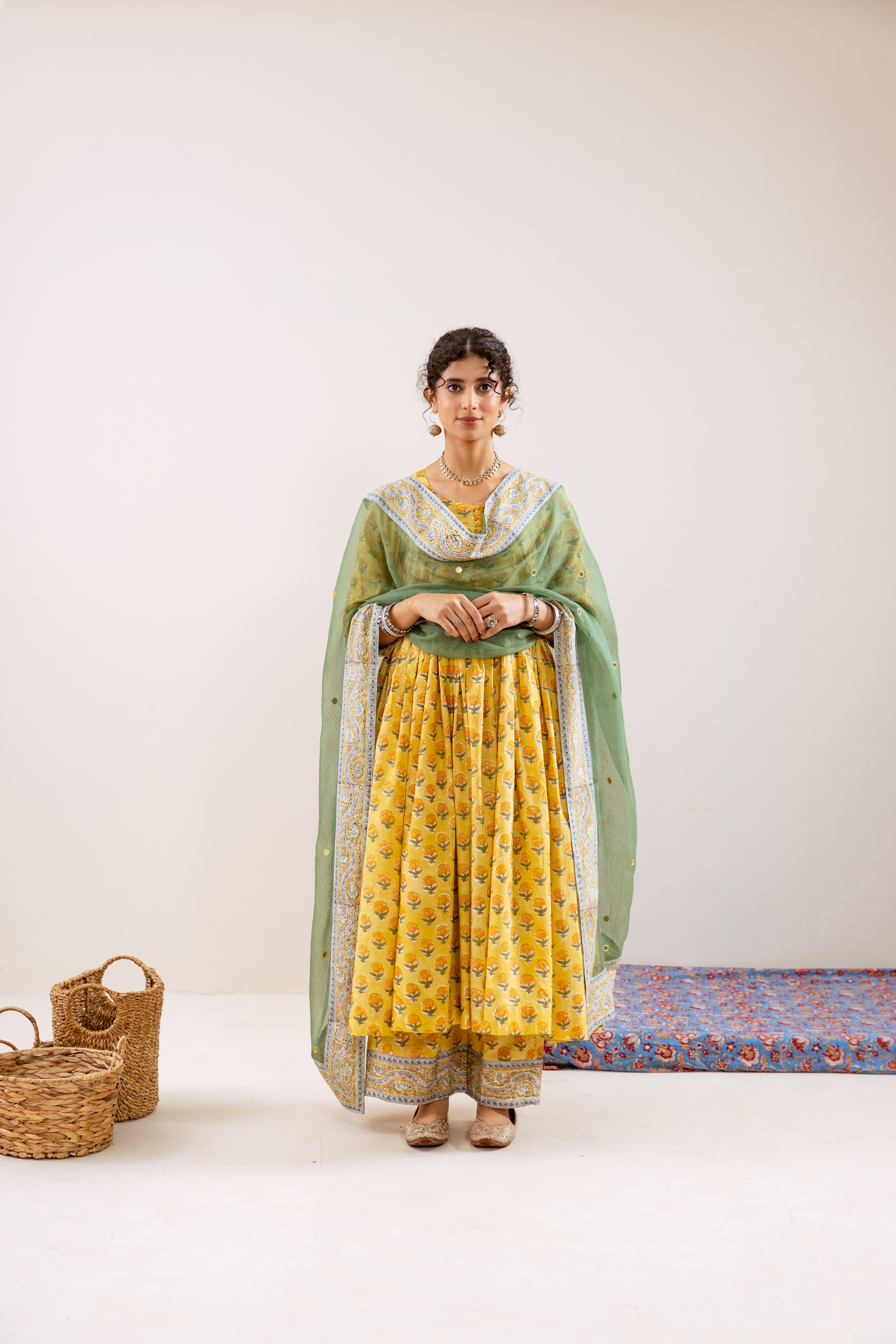 Bahara Yellow Hand Block Anarkali Set
