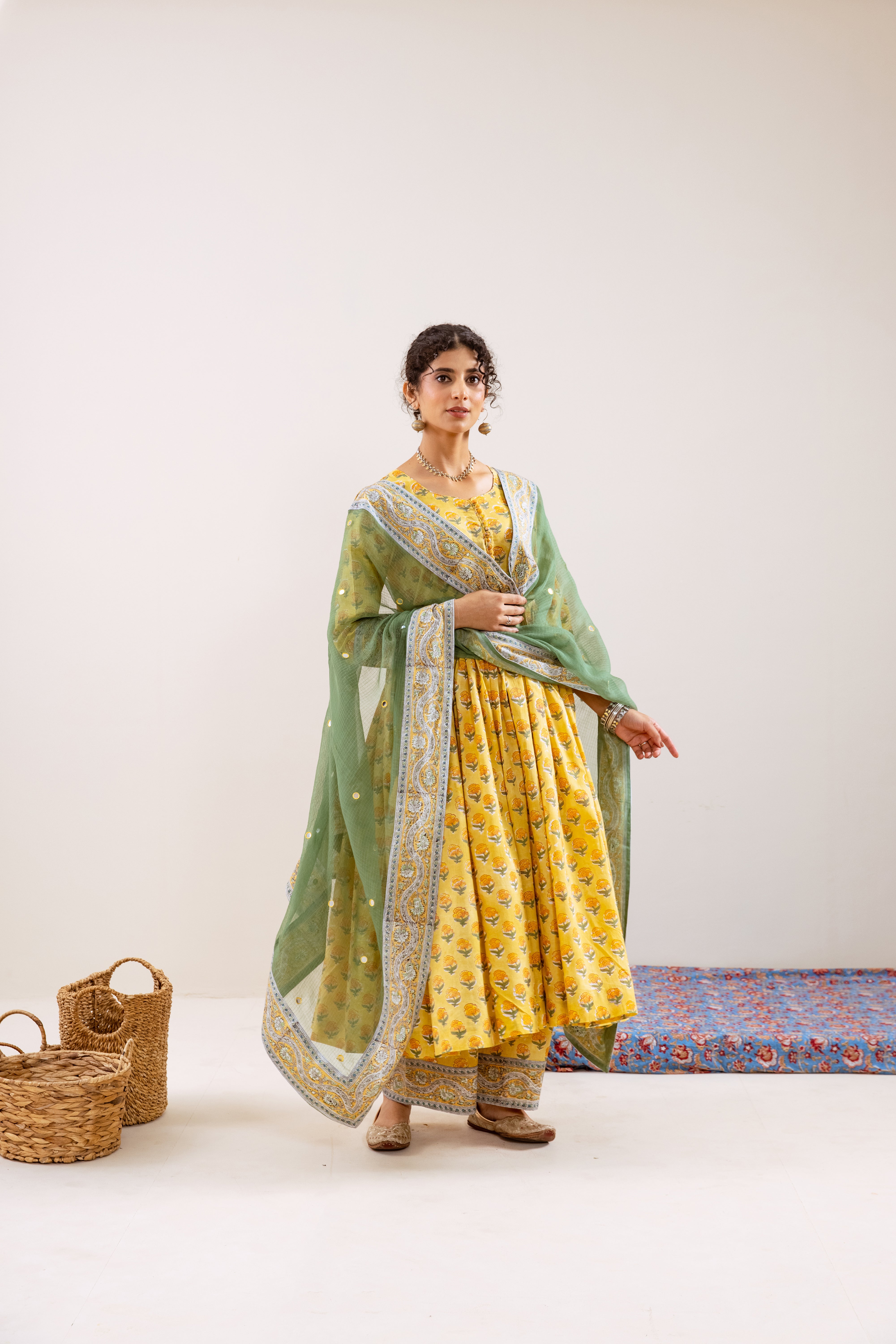 Bahara Yellow Hand Block Anarkali Set