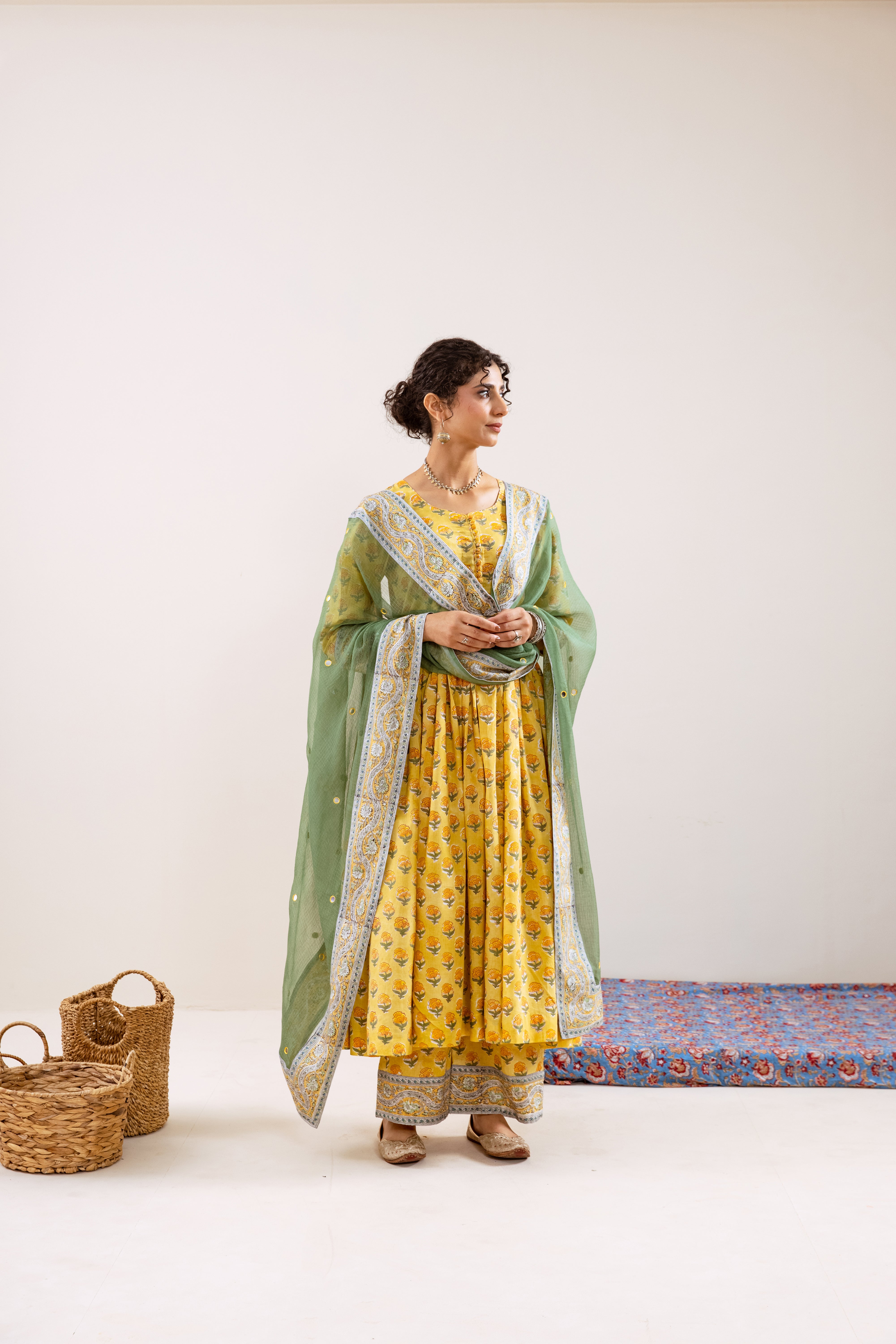Bahara Yellow Hand Block Anarkali Set
