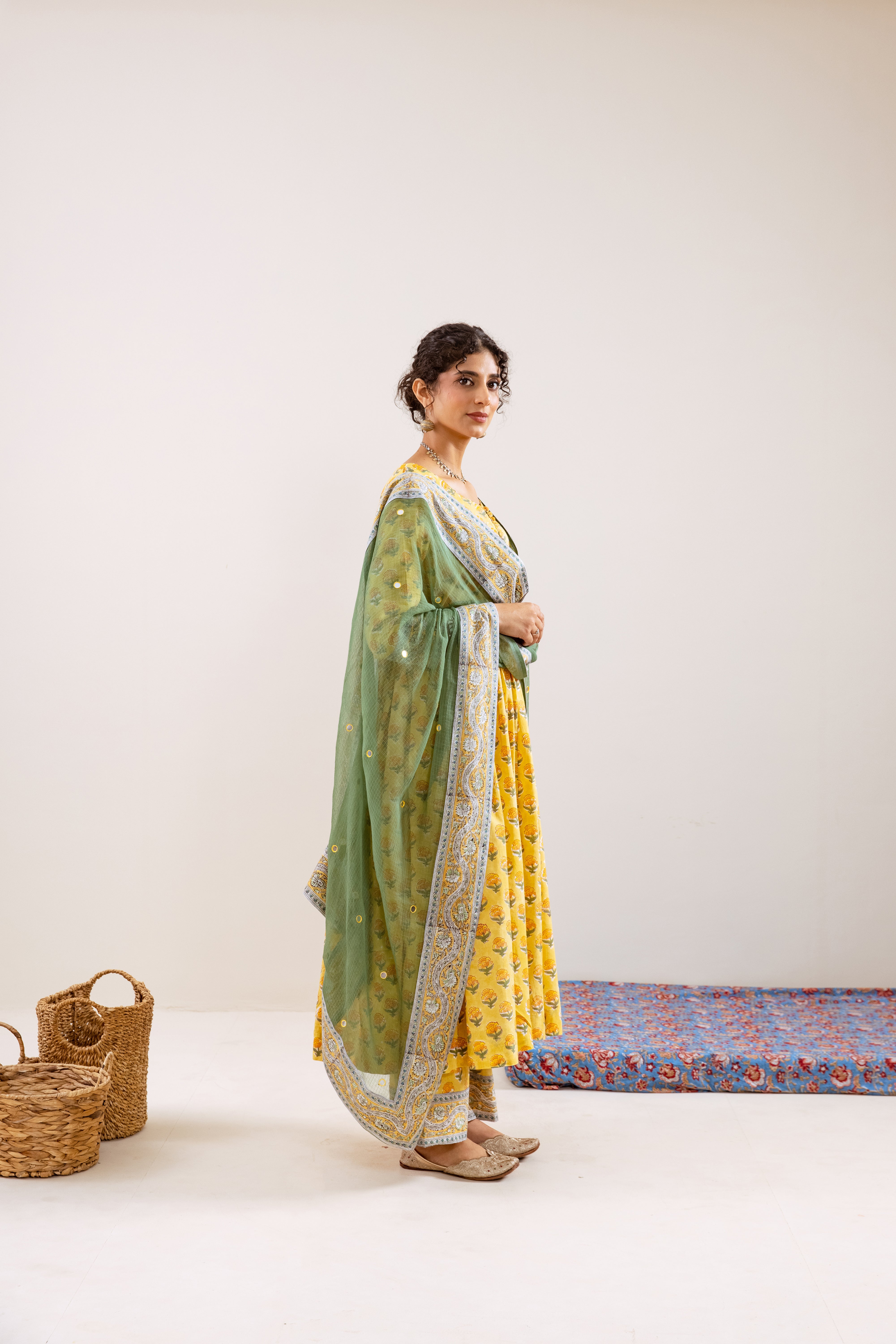 Bahara Yellow Hand Block Anarkali Set