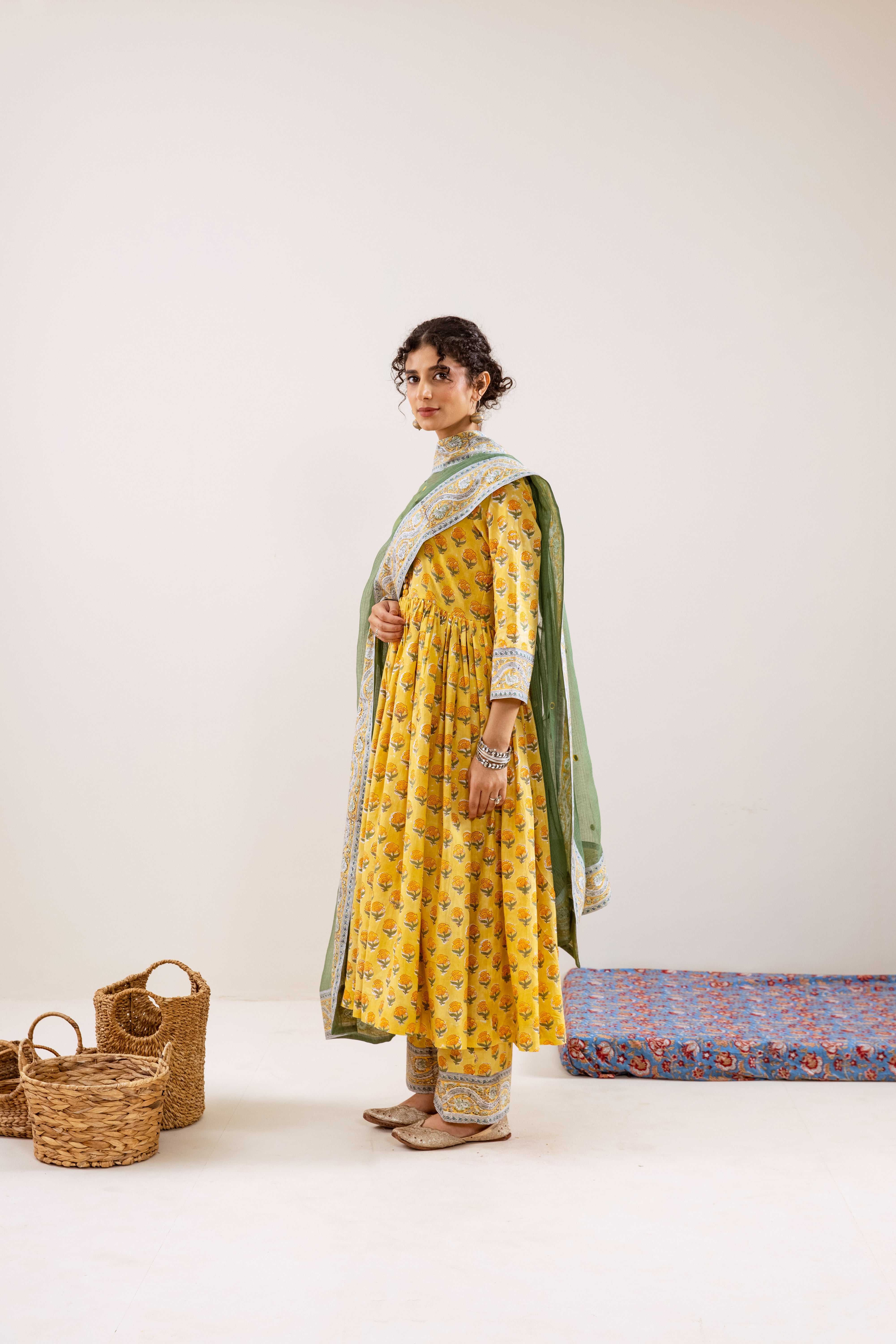 Bahara Yellow Hand Block Anarkali Set