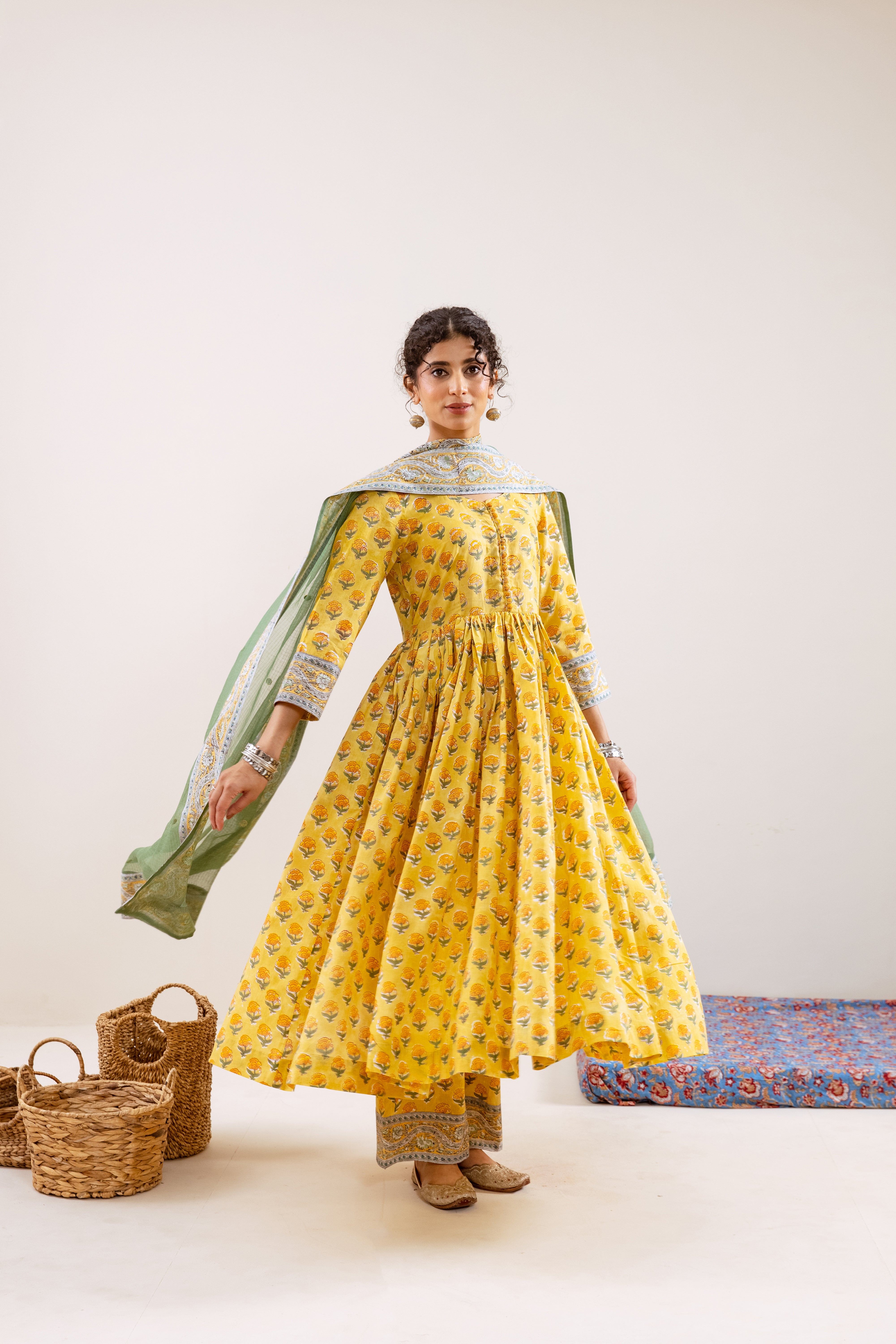 Bahara Yellow Hand Block Anarkali Set